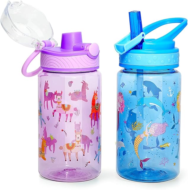 Home Tune Kids Water Drinking Bottle (470ml)- Tritan BPA Free, Auto Flip Chug Lid, Sip Straw Lid, Carry Loop, Lightweight, Leak-Proof Water Bottle Cute Design For Girls & Boys - 2 Pack Mermaid & Llama