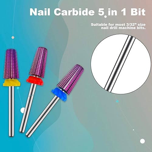 Miniatura 5 de Juego de 3 brocas de carburo 5 en 1 para uñas, uso de rotación bidireccional para zurdos y diestros, XF, F, M 332 pulgadas, brocas para uñas de gel