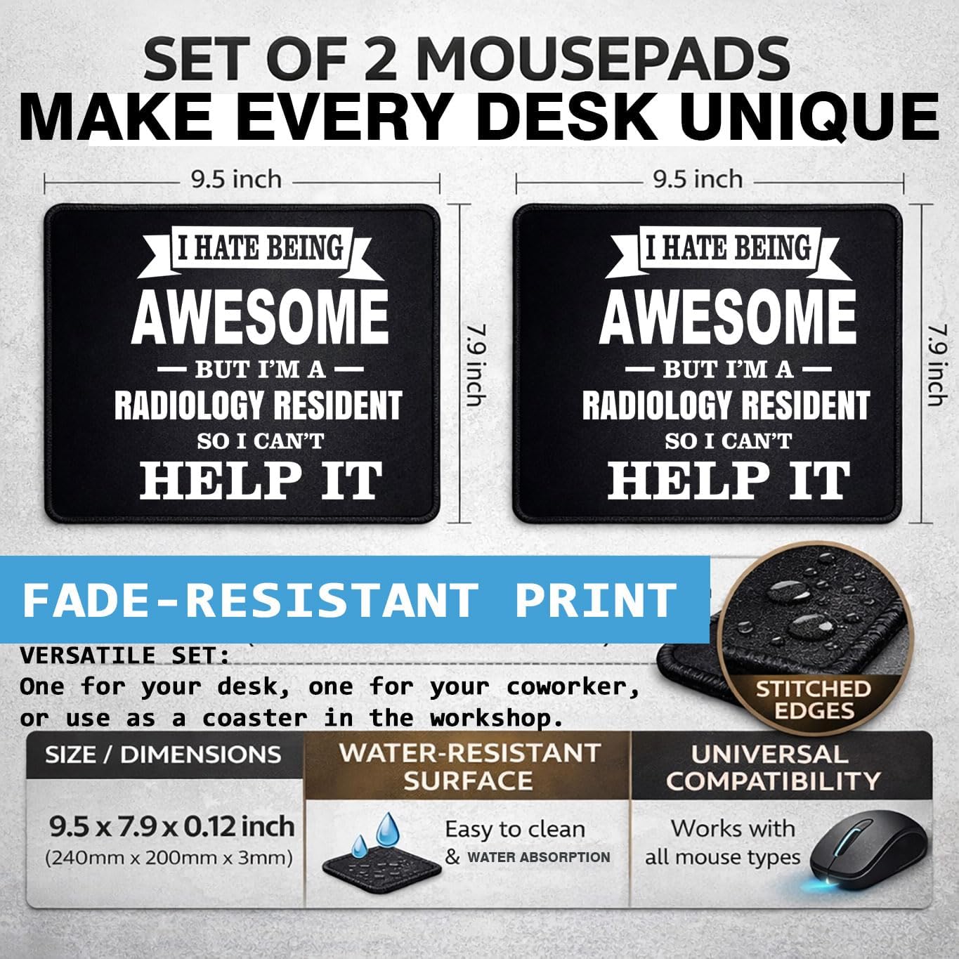 Funny Radiology Resident Mouse Pad Set, Rubber, Black, Non-Slip Base, Office Use, 9.5 x 7.9 Inch, Rectangular, Standard image 2