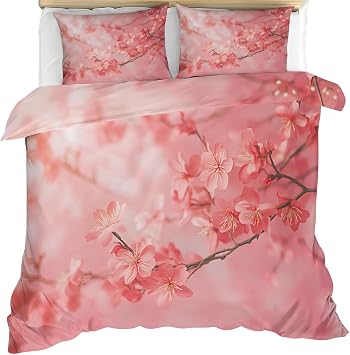 Cherry Blossoms Bedding Sets, Pink Girls Duvet Cover Full, Japanese Comforter Cover with Zipper, 3 Pieces Reversible Bedding & Bedroom Decor, 2 Pillowcases