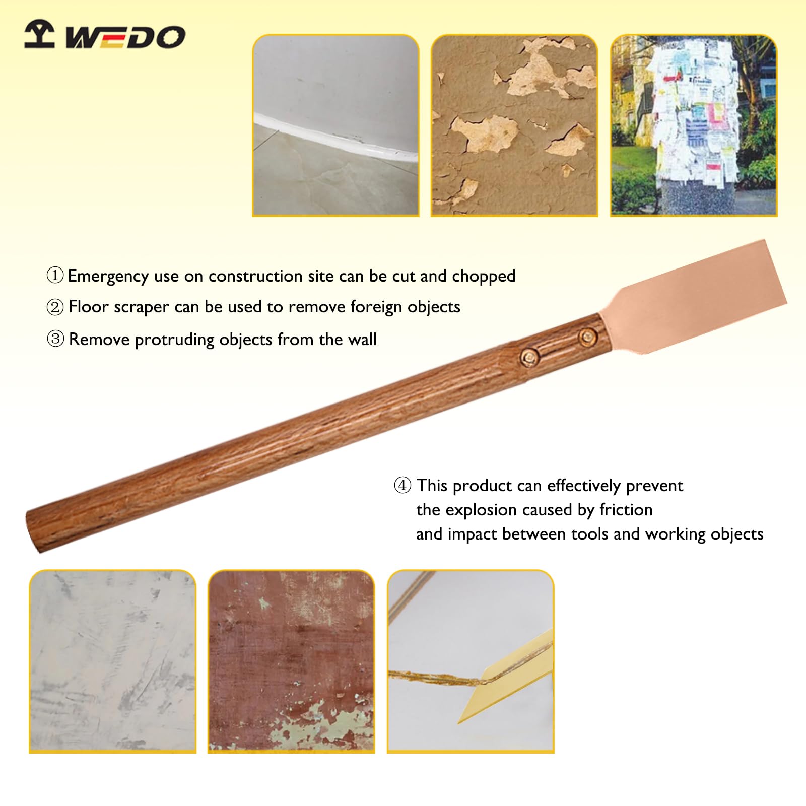 WEDO Raschietto per pavimenti resistente con manico lungo non scintillante, rame al berillio, lunghezza 902 mm, lama 50 x 2 mm, raschietto per pavimenti con manico in legno, raschietto per piastra,