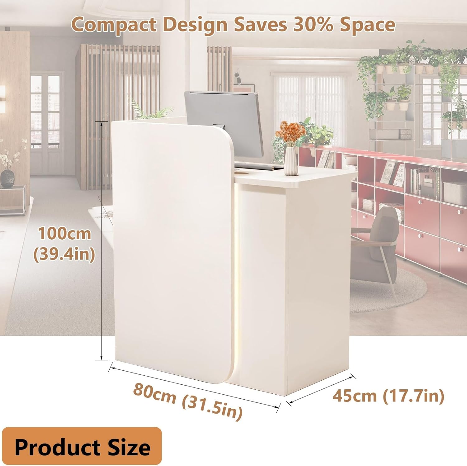 Small Reception Desk with Lockable Drawer, White Retail Counter with LED Light Strip, Modern Front Desk & Checkout Counter for Salon Lobby Office Boutique