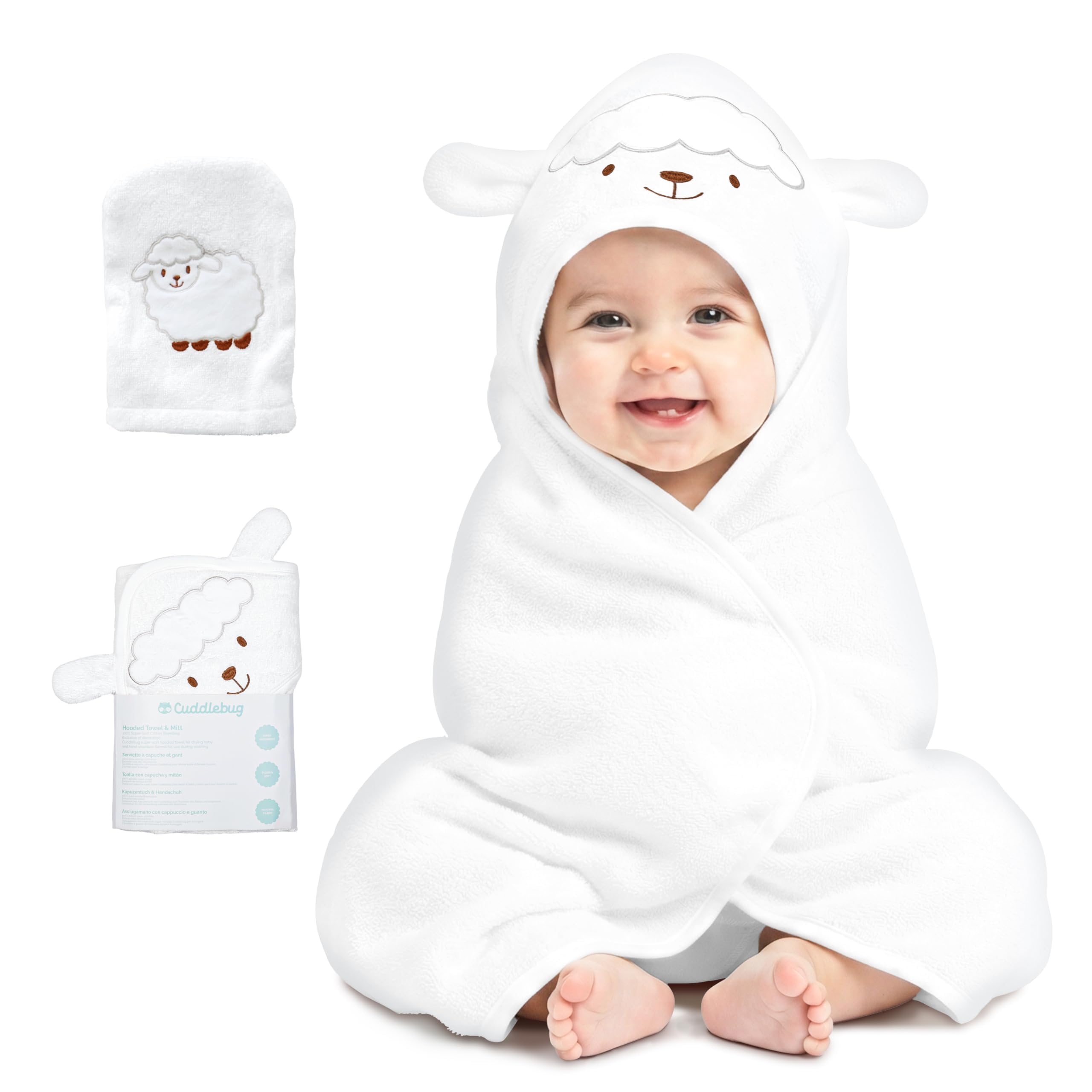 CuddleBug Premium Hooded Baby Towel & Washcloth Set, 100% Cotton Terrycloth Bath Towels for Newborn & Toddler