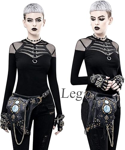 Miniatura 3 de Riñonera gótica de cuero steampunk con cadena bolsa cruzada para el hombro bolsa de cadera Negro -