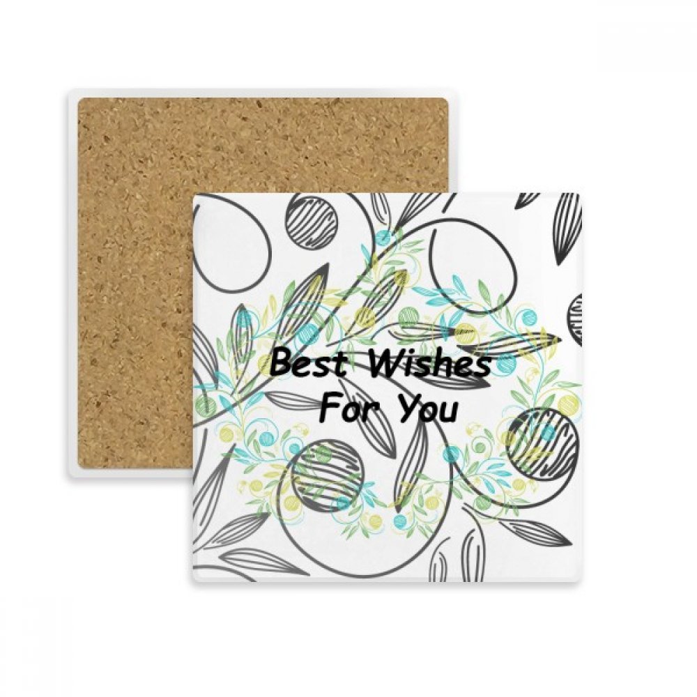 Sous-verre carré en pierre absorbante motif feuilles de dessin et fleurs fraîches multicolore