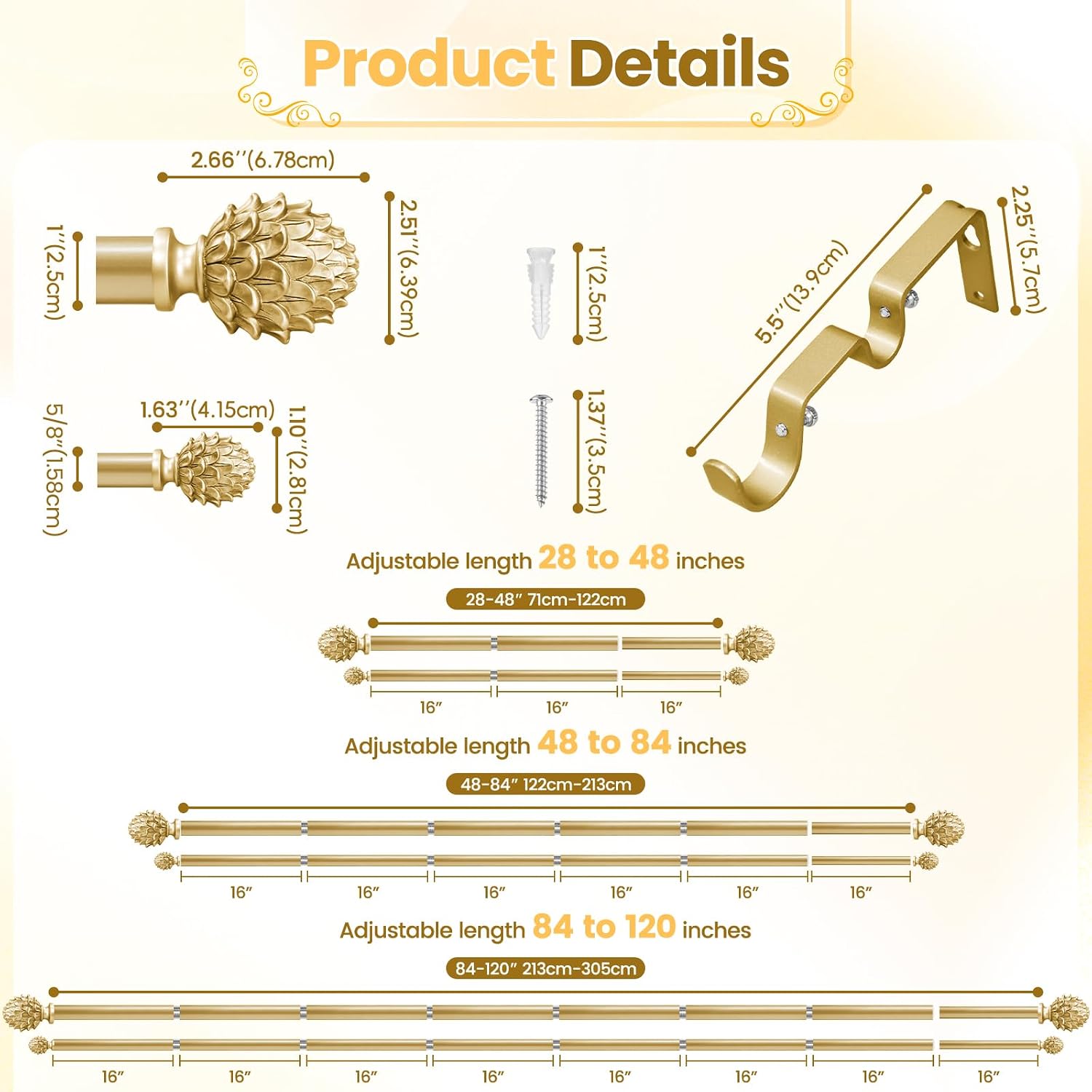 1" Gold Long Double Curtain Rod, 28 to 120 Inches