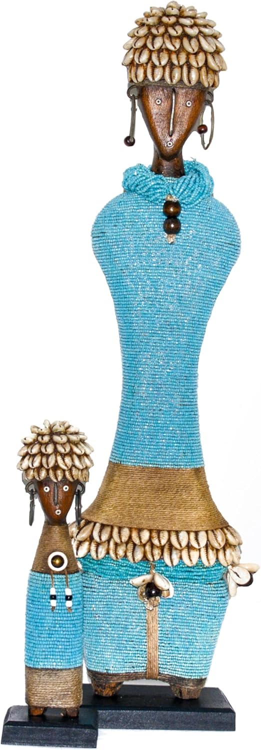 Hand-Crafted Pine Wood, African Woman Aqua & Gold Namji Doll (Mini: 7.8")