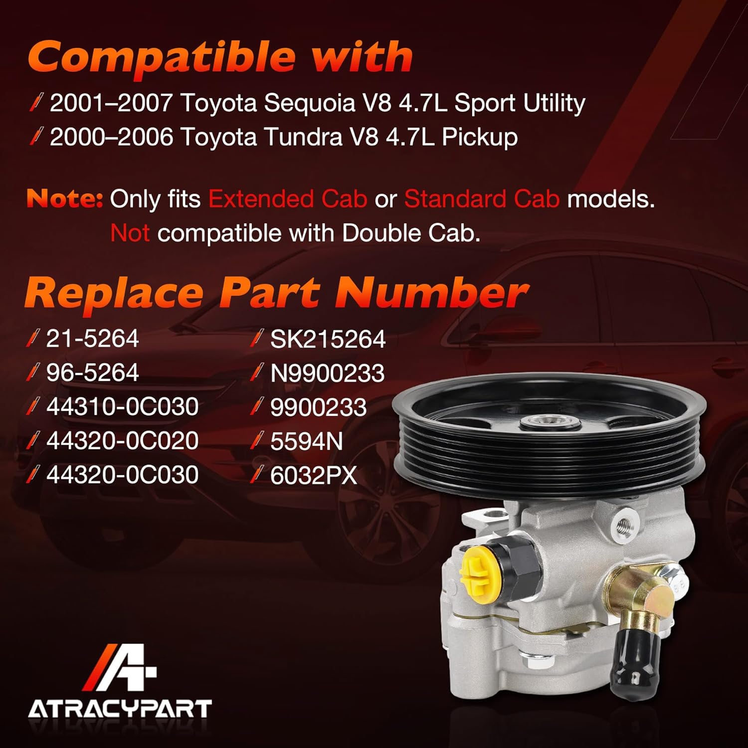 Power Steering Pump with Pulley Compatible with 2000-2006 Toyota Tundra, 2001-2007 Sequoia, 4.7L V8, Replaces #21-5264, 44310-0C030