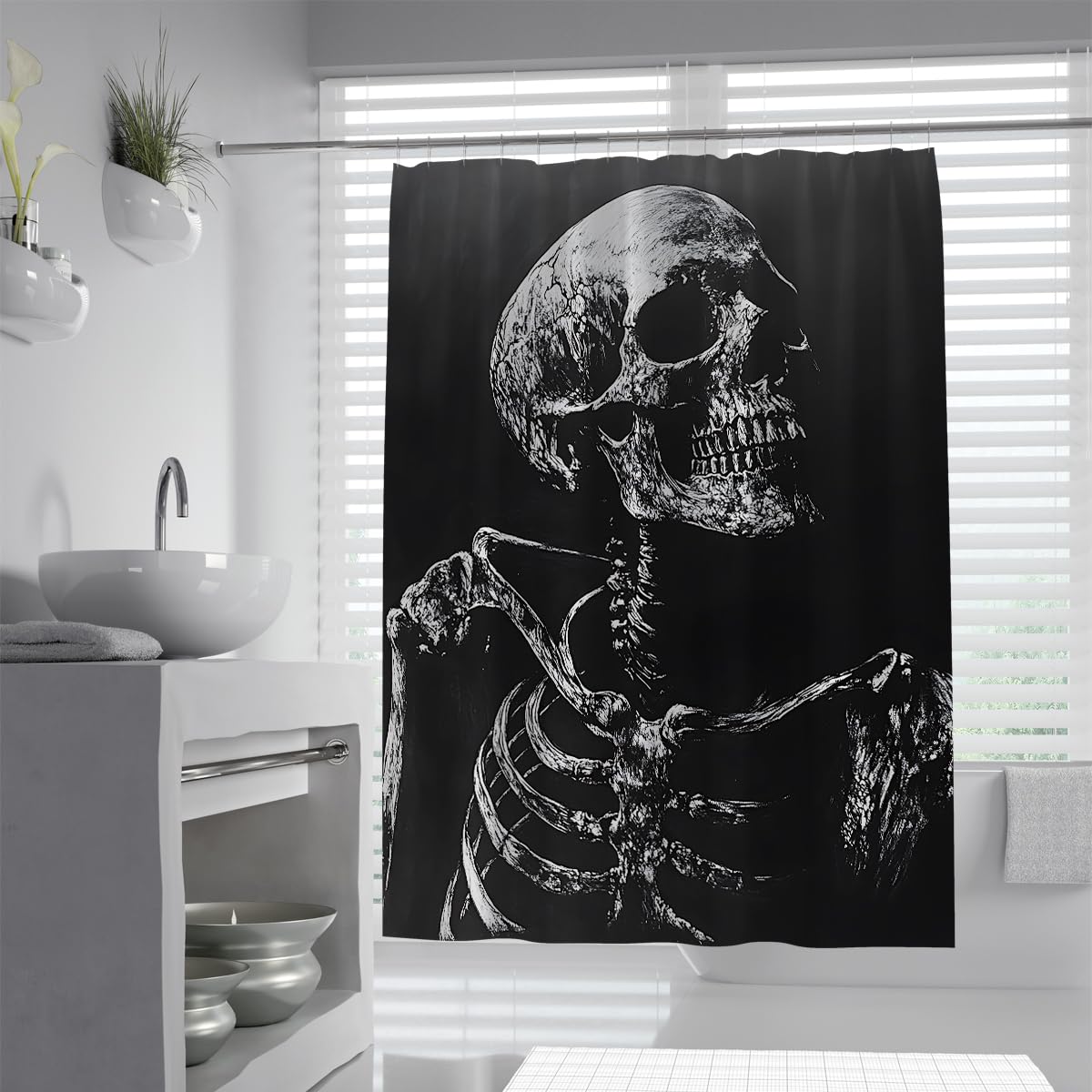 UIRINGART Black and White Skull Shower Curtain W120xL180cm Gothic Full Skeleton Anti Mould Mildew Resistant Waterproof Fabric Bathroom Curtain with Hooks