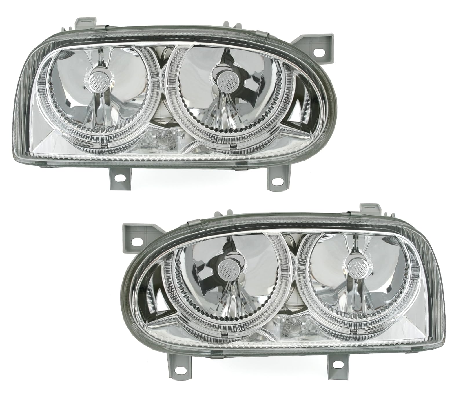 Set di fari Angel Eyes, vetro trasparente cromato, con anelli per luci di posizione.