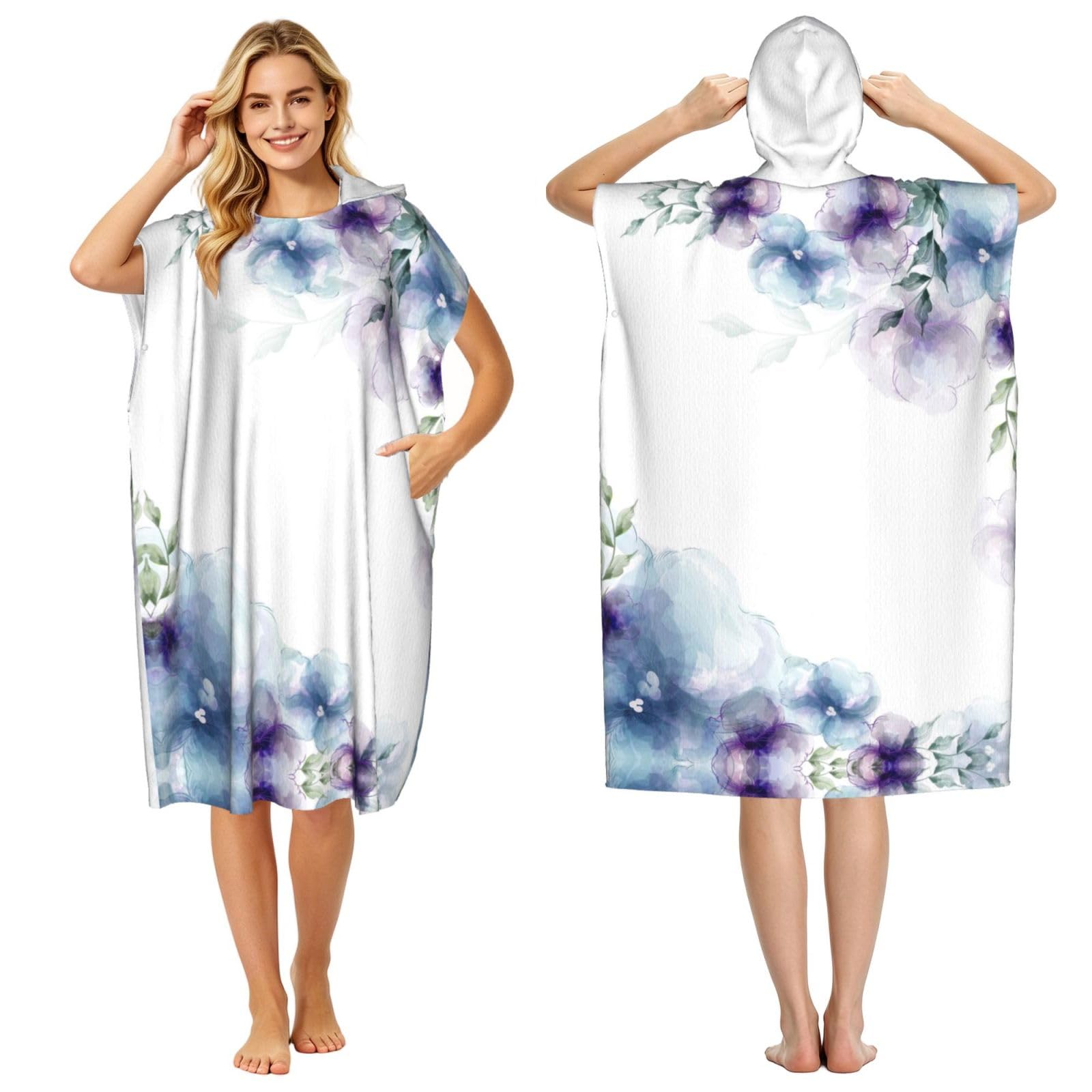 Poncho à capuche en microfibre imprimé fleurs violettes pour adulte