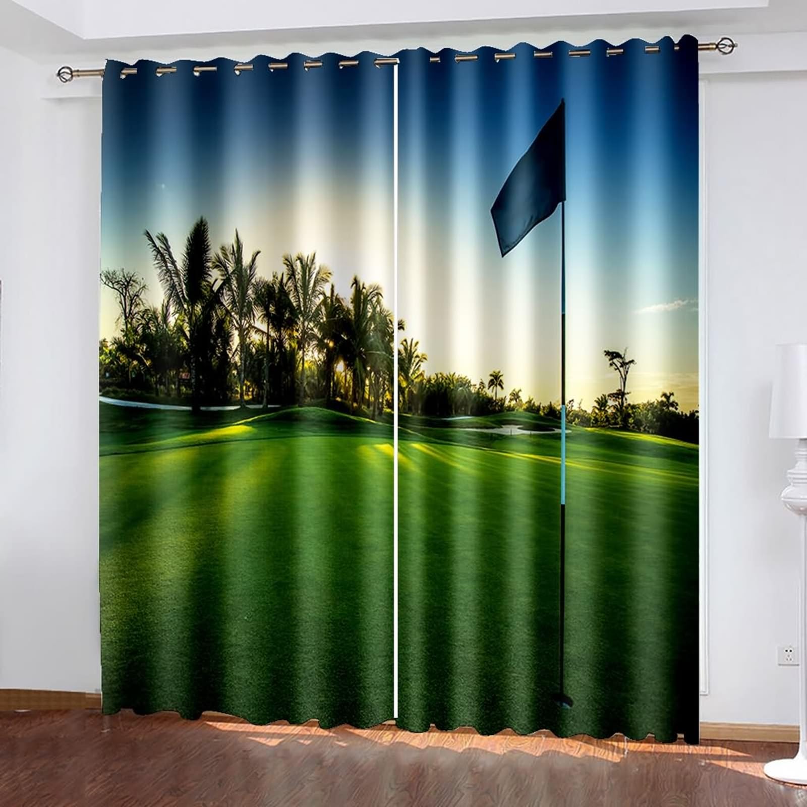 Vorhang Verdunkelung 138 cm Lang, Vorhänge Lichtdicht mit Ösen 2er Set Blau Grün Sonnenuntergang Kokosnussbäume Gras Landschaft Gardinen für Wohnzimmer Schlafzimmer, 96x138 cm(BxH)