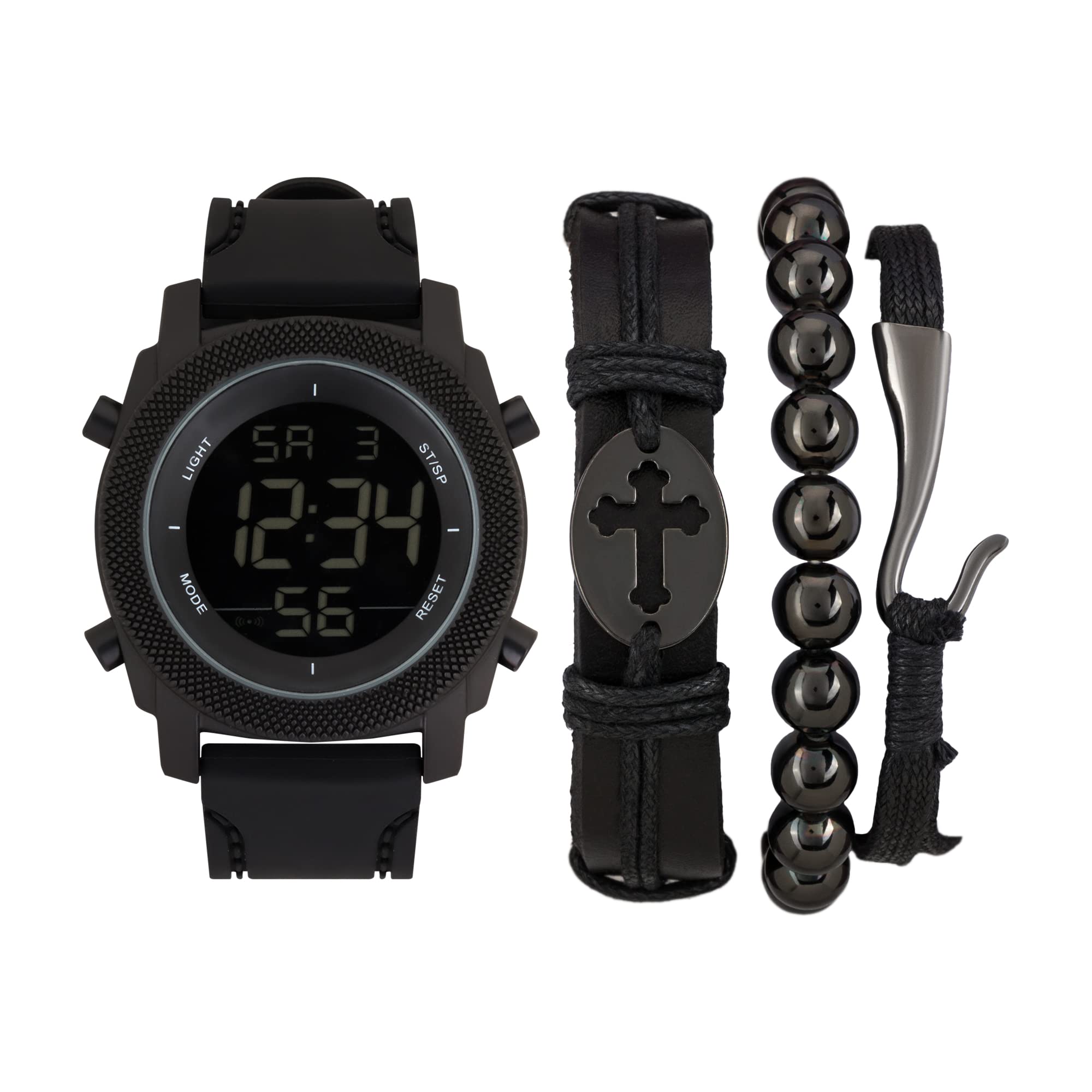 American Exchange Men's Black Digital Watch with Assorted Stackable Bracelets, Black, Medium, Classic