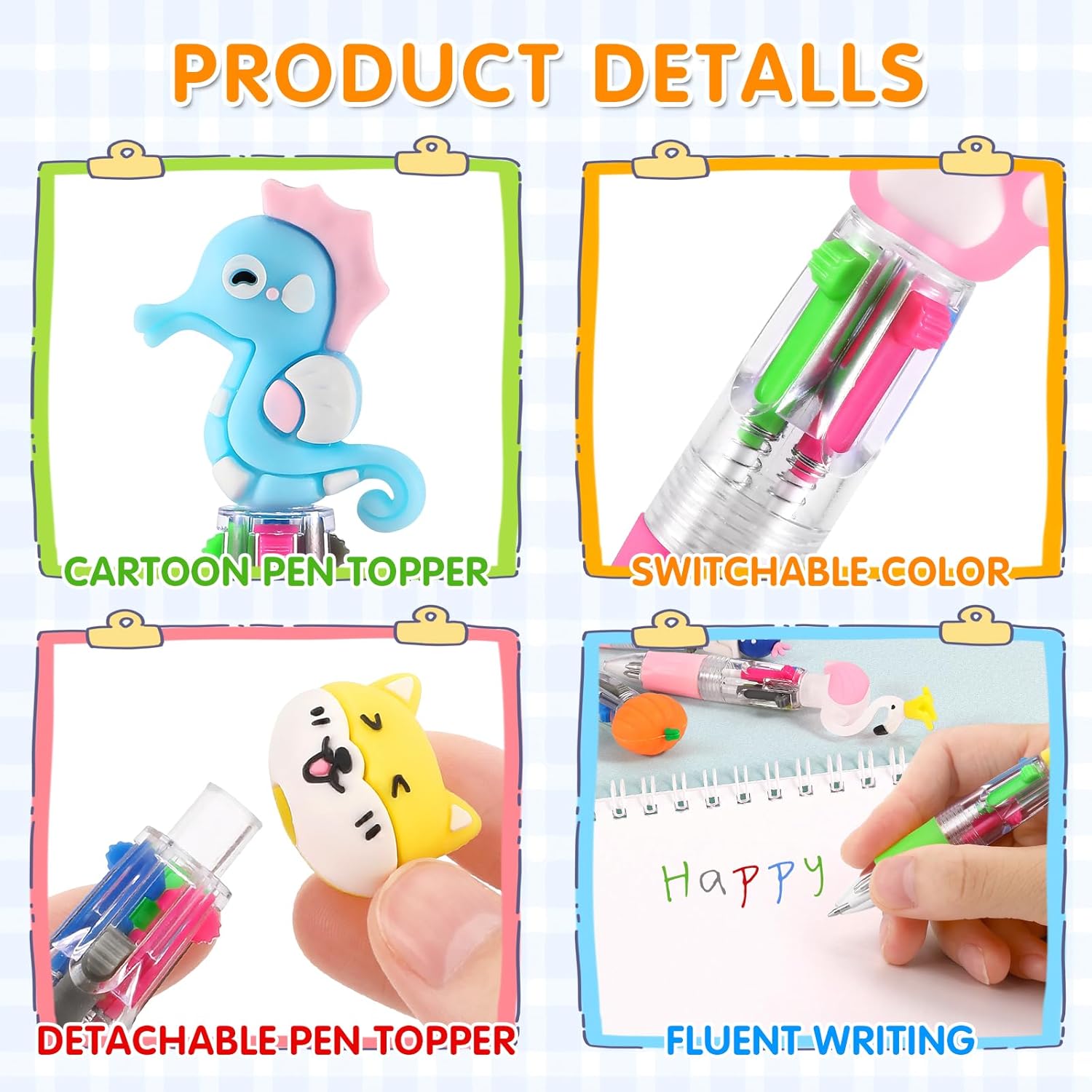 arscniek 100Pcs Multicolor Pen in One, 4-in-1 0.5mm Fine Point Cute Pens, Fun Kawaii Ballpoint Pen for Children's Party Favors, Classroom Prizes, Teacher School Supplies, Bulk Gifts for Students