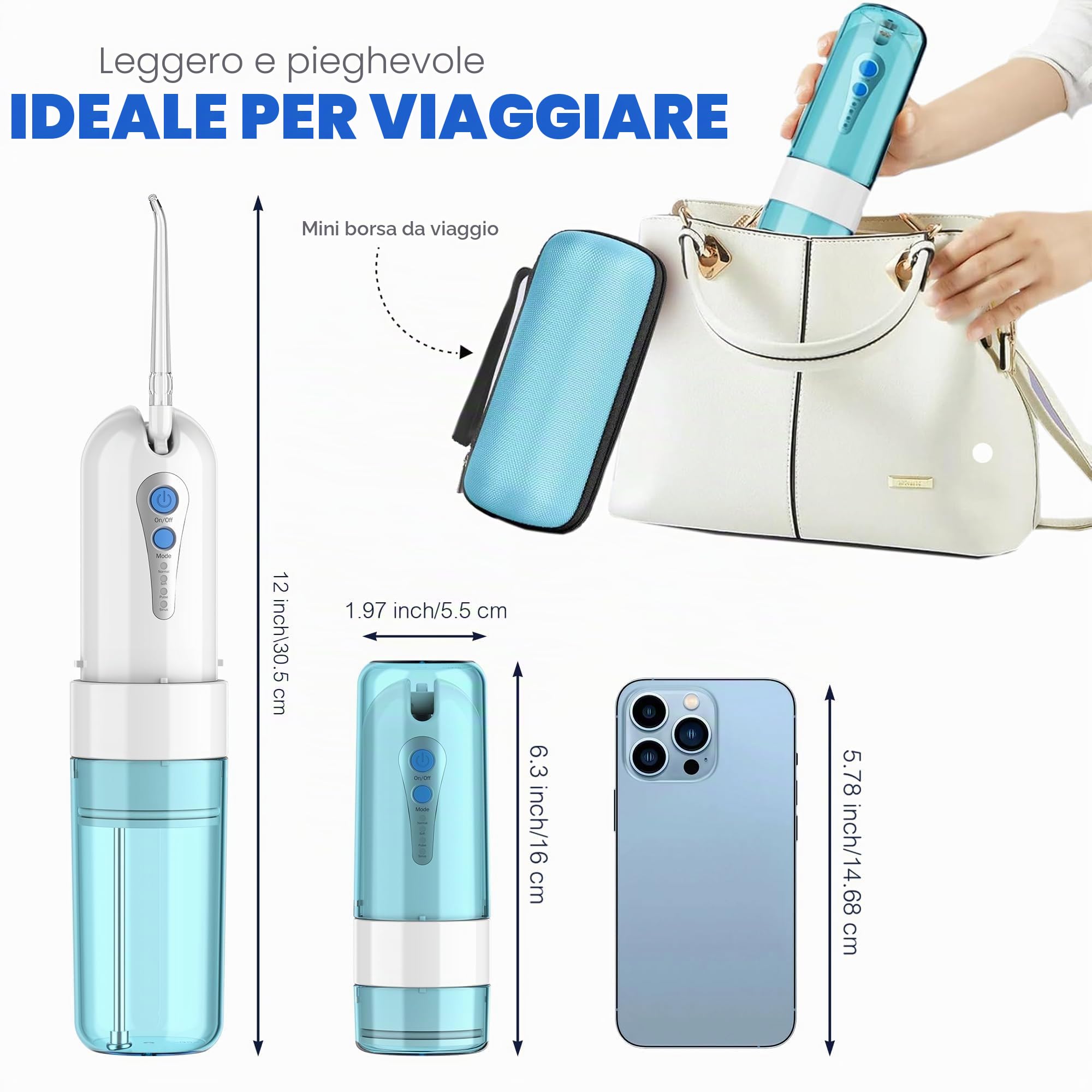 GEEDIAR Irrigatore Orale Portatile Senza Fili - Ricaricabile USB, 4 Modalità e 5 Gettoni, Impermeabile IPX7, per Pulizia Profonda tra i Denti, Ideale per Casa e Viaggio, Blu