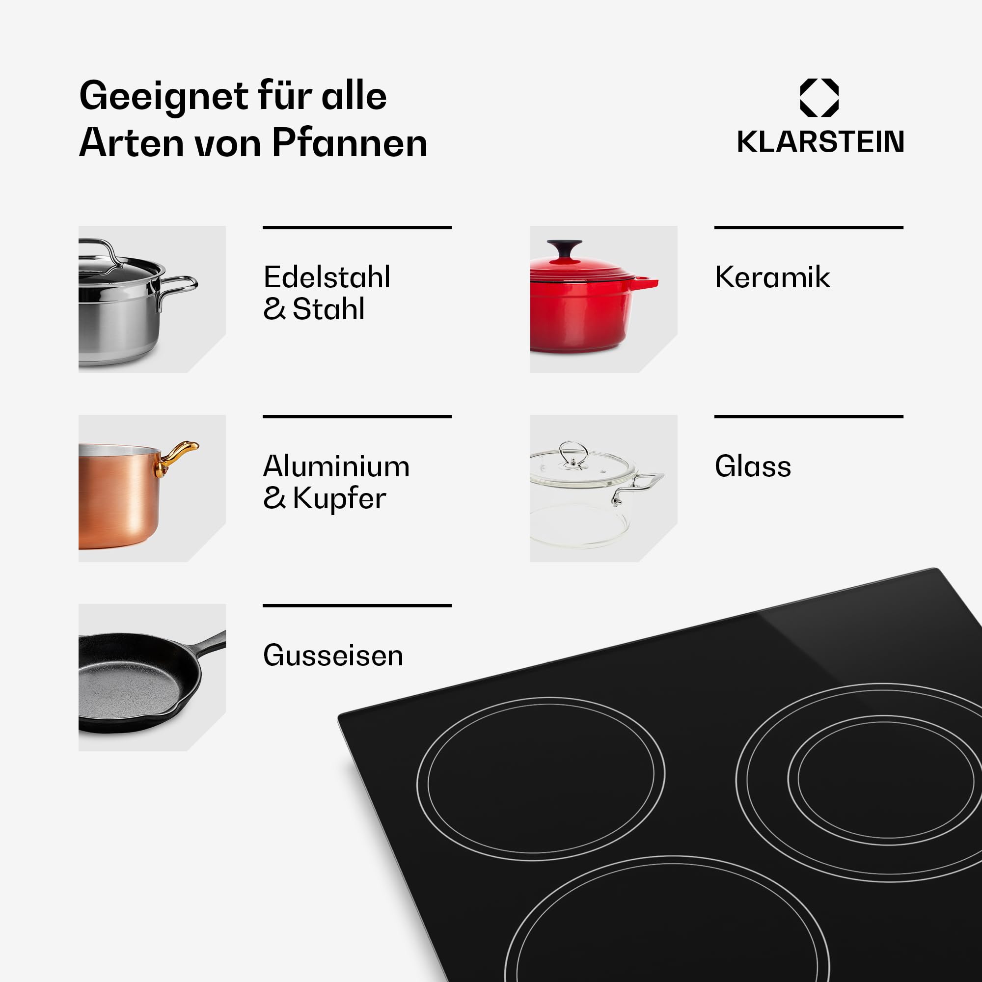 Klarstein Glaskeramik-Kochfeld – 45 cm Glasoberfläche, 3-Zonen-Elektrokochfeld mit Dual-Zone, Drehregler, 4700 W, Restwärmeanzeige & Kindersicherung, leicht zu reinigende Kochfläche