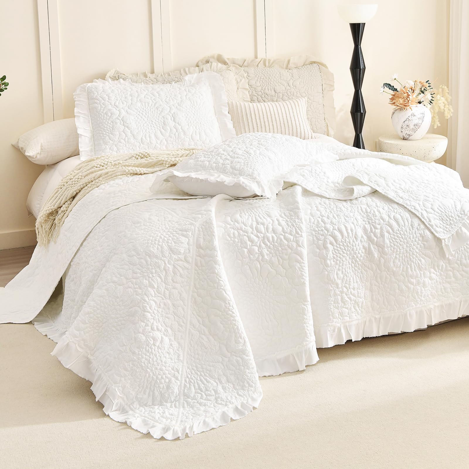 Photo 1 of ***HAS MATERIAL DAMAGE (RIP)*** Lady Ann Cream White Oversized King Quilt Set, Stone-Washed Ruffle Oversized King Bedspreads 120x120 for Bed, Lightweight 3 PCS Shabby Quilted Crinkled Coverlet Farmhouse Rustic Bedding Set All Season
