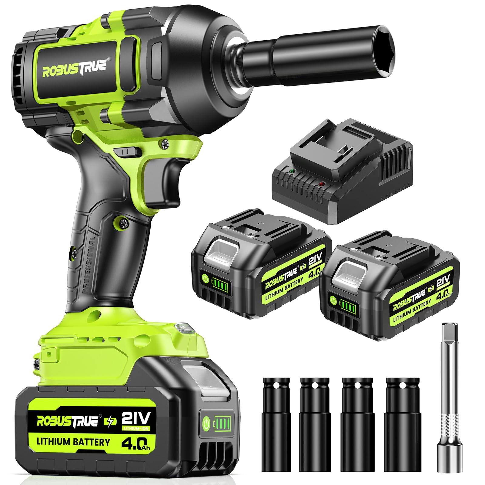 Robustrue 1100 N·m Llave de Impacto, 21V Inalámbrica sin Escobillas Pistola de Impacto & 2 x Baterías de 4000mAh, 1/2" llave de impacto con 4 Dados – Para Coche, Furgoneta, Cortacésped