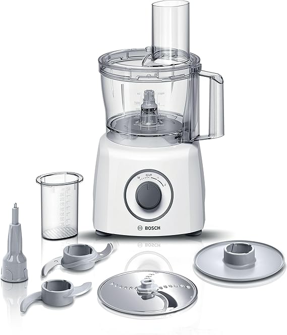Bosch Robot da Cucina Multifunzione Compatto MCM3100W, Oltre 20 Funzioni, 800 W, 2 Velocità, Ciotola 2,3 l, Tanti Accessori Inclusi per Affettare, Tagliare, Grattugiare, Impastare e Montare, Bianco