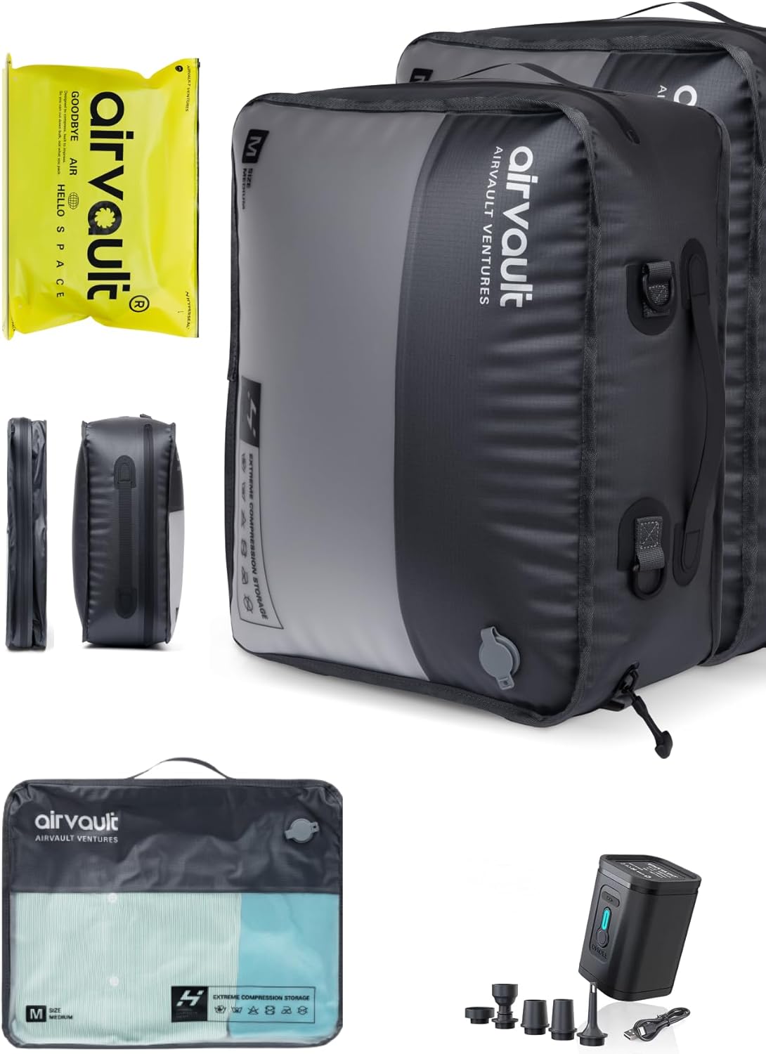 AirVault Travel Pack Vacuum Kit Reusable Air Seal Compression Bags with Wireless Suitcases Backpack Space Saver Vacpack (21L (2-Pack))