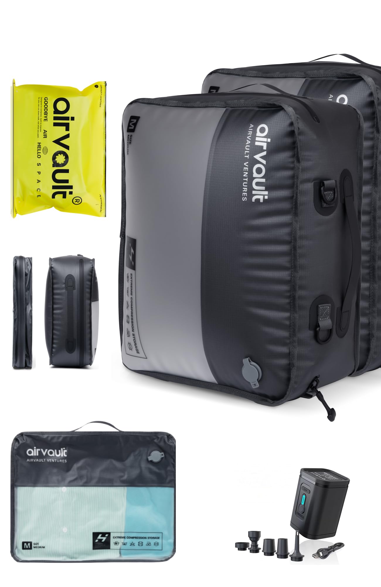 AirVault Travel Pack Vacuum Kit Reusable Air Seal Compression Bags with Wireless Suitcases Backpack Space Saver Vacpack (21L (2-Pack))