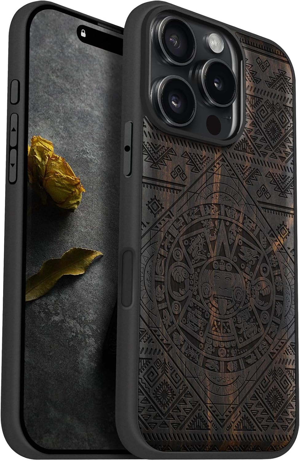 Carveit Magnetic Wooden Case for iPhone 16 Pro Case, Wood Artisan Engraved & Black Soft TPU Shockproof Cover, Compatible with MagSafe Wireless Chargers (Aztec Calendar) Blackwood