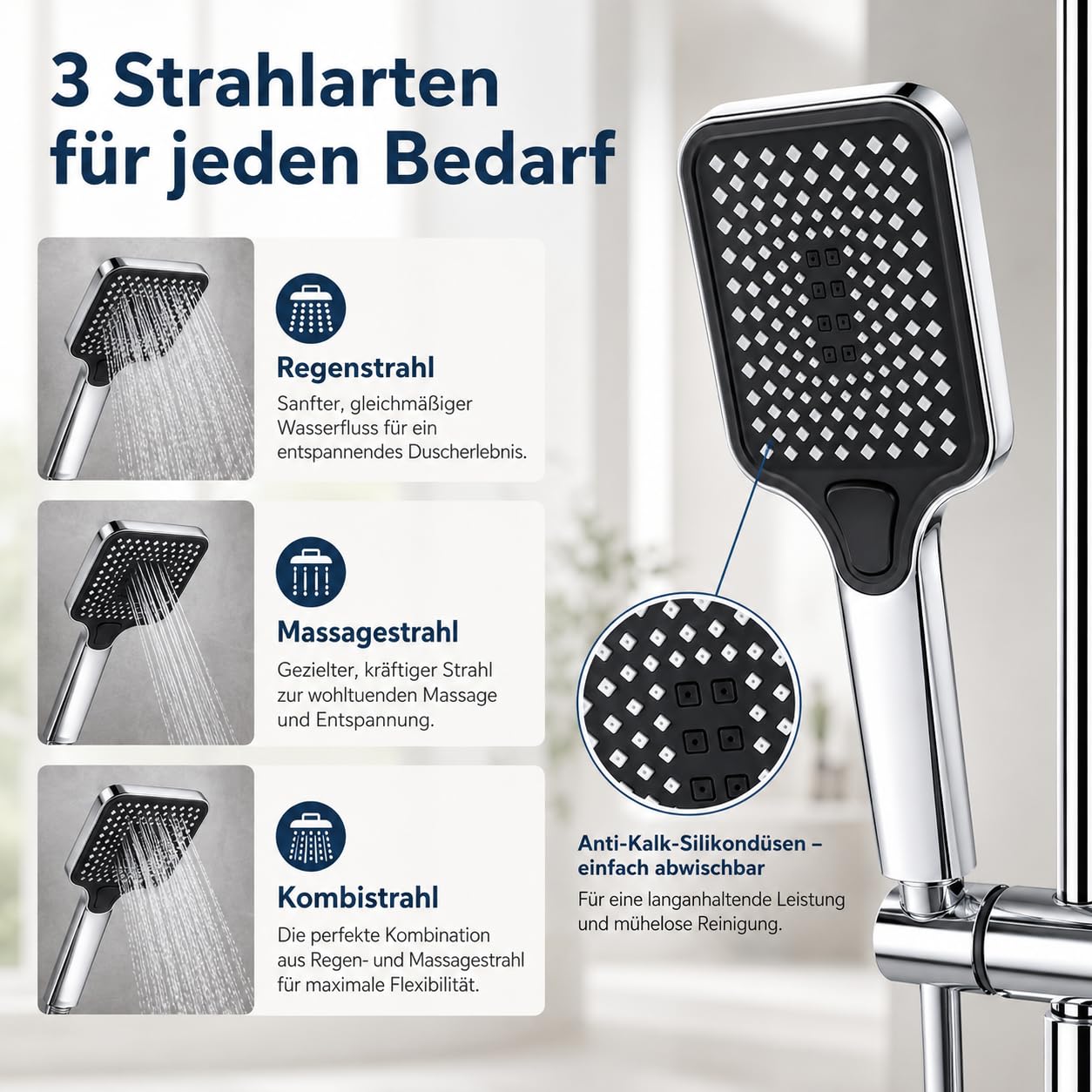Duschsystem ohne Thermostat mit Armatur, Aufputz Duschset höhenverstellbar 85–120 cm, große Regendusche 30 × 19 cm, Handbrause mit 3 Strahlarten, Chrom Duscharmatur Komplettset