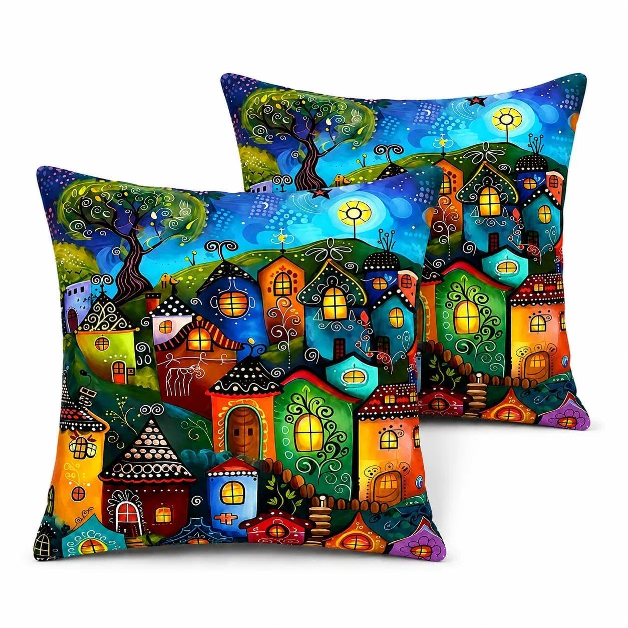 Gemdoit Cushion Covers 45 x 45 – Pack of 2 Colorful Whimsical Village Print Sofa Covers with Invisible Zipper, Soft and Breathable Fabric for Living Room, 18 x 18 Inch