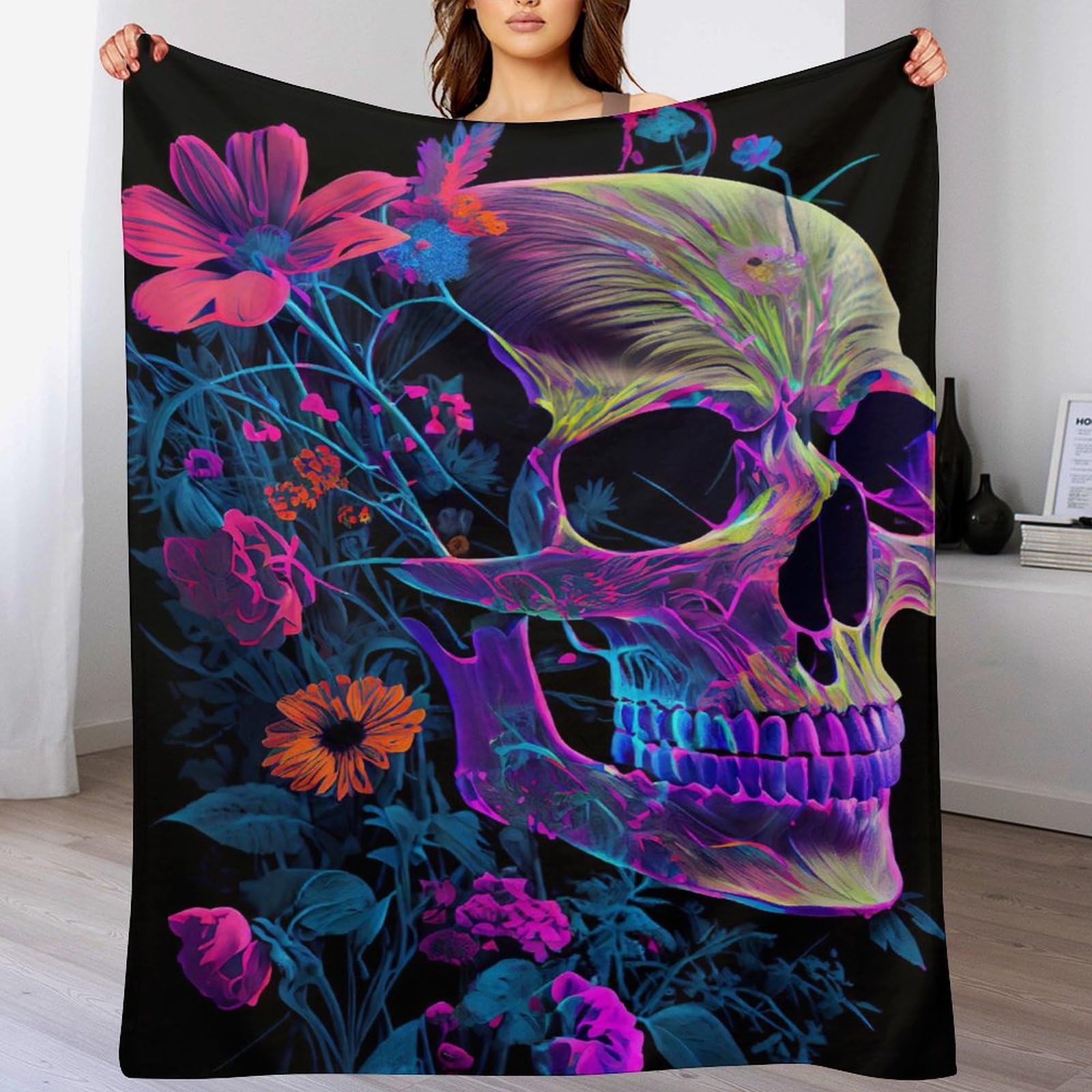 Manta de franela para sofá cama con calaveras microfibra mullida para tardes de cine