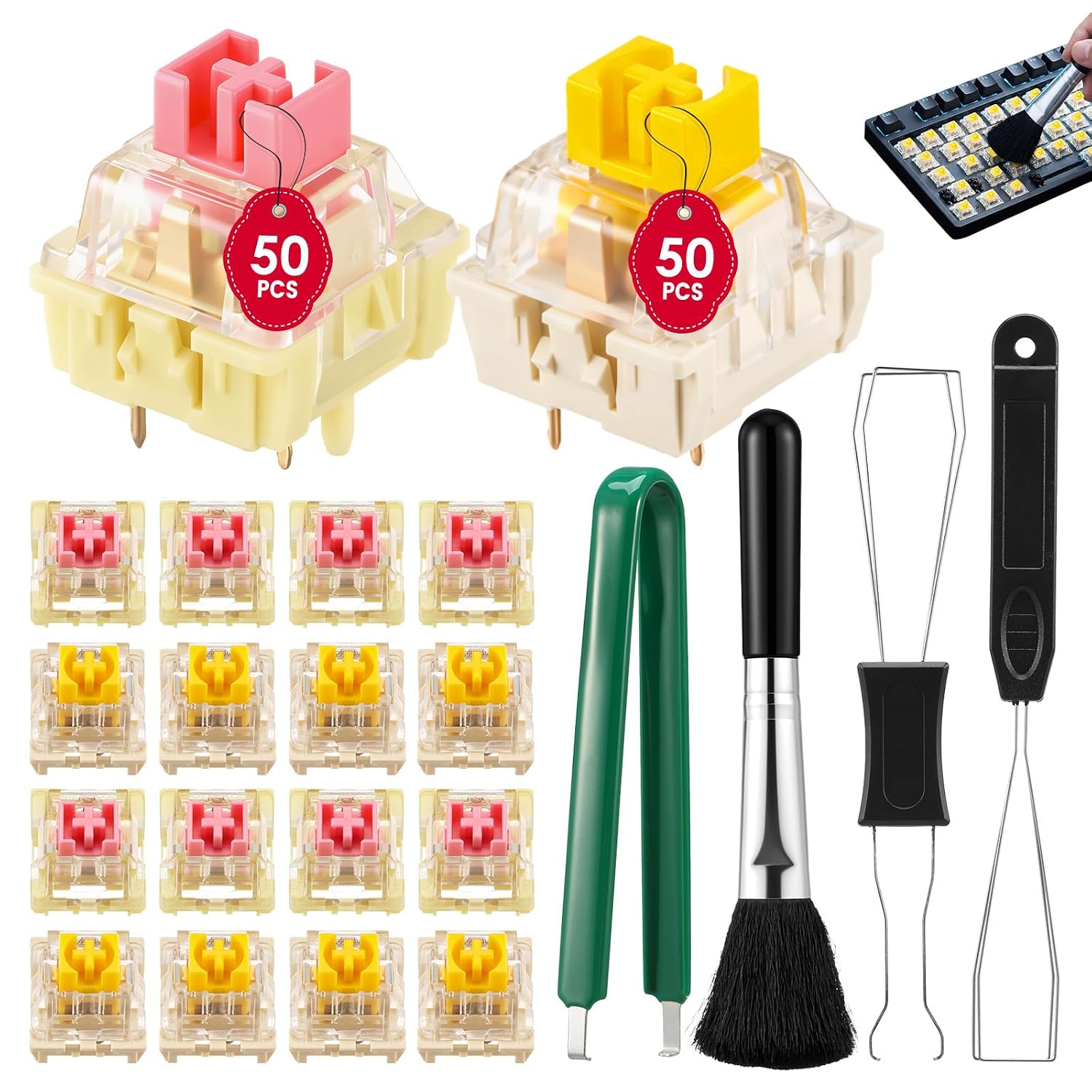 100 Pack Linear Mechanical Keyboard Switches, 3-Pin and 5-Pin Switch Replacement Accessories Kit with Switch Puller -Keyboard Keys Clickers for 3D Prints & Custom PC Gaming Keyboards
