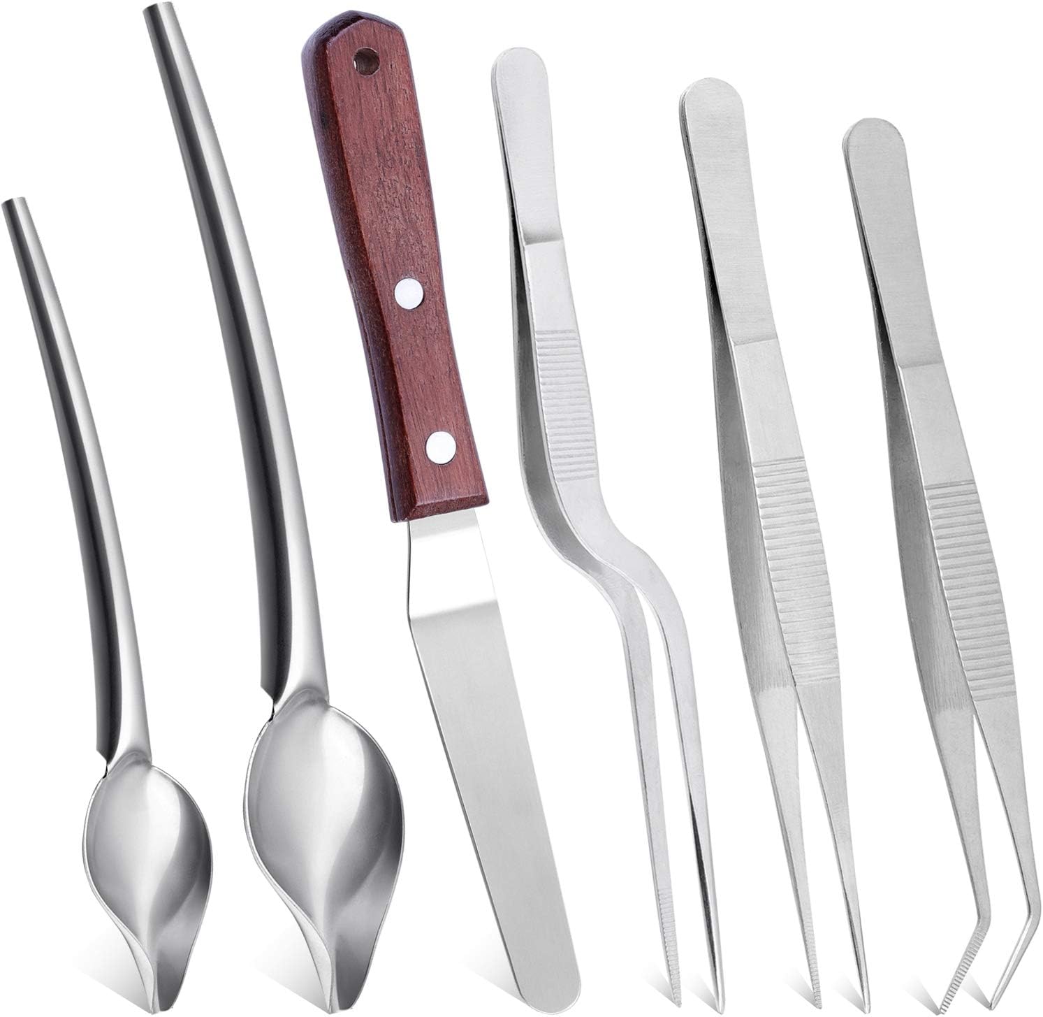 Cridoz 6 Pcs Stainless Steel Kitchen Cooking Tweezers Precision Tongs Drawing Spoons Offset Spatula for Food Culinary Plating Decorating