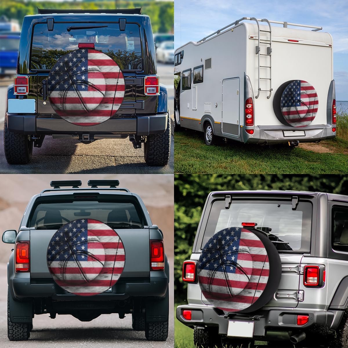 Vintage Basketball American Flag Tire Covers Portable Spare Tire Cover Soft Durable Waterproof Dustproof Set of 4 Bags 15 Inches for Car Truck SUV Trailer Camper