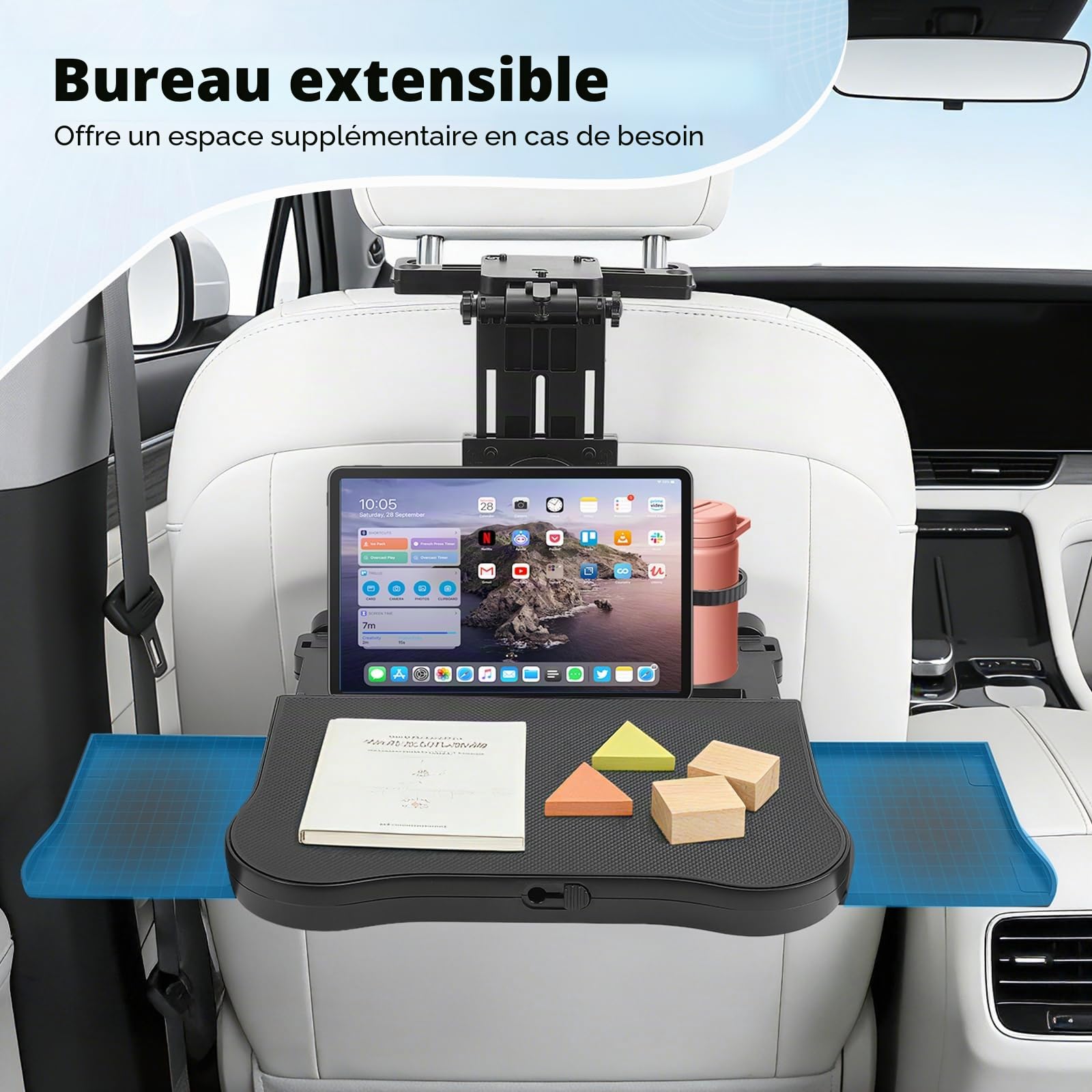 Table de Voiture pour siège arrière Passager, Bureau avec Porte-gobelet et Support de téléphone Portable, Table de Salle à Manger Multifonction pour Les trajets en Voiture, pour Travailler, écrire