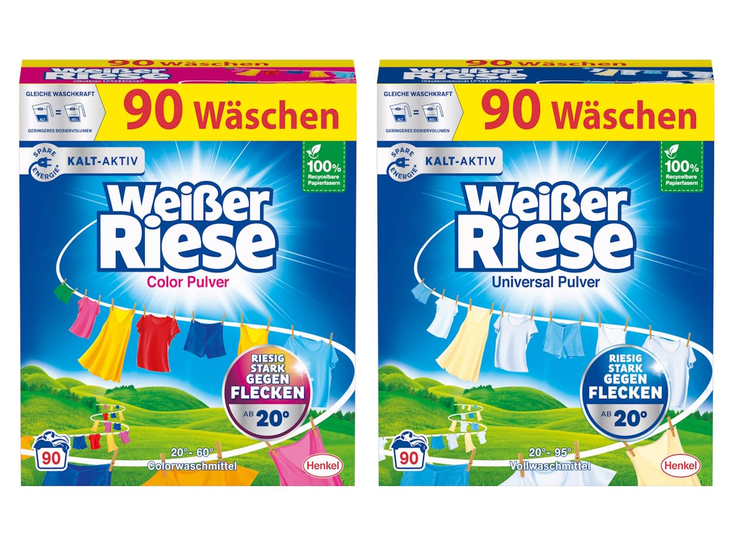 WEISSER RIESE Pulver-Set 2x 90 Waschladungen (180WL) 1x Color & 1x Universal, Color- & Vollwaschmittel wirkt riesig stark gegen Flecken, Kalt-Aktiv schon ab 20° C, ergiebiges Waschpulver