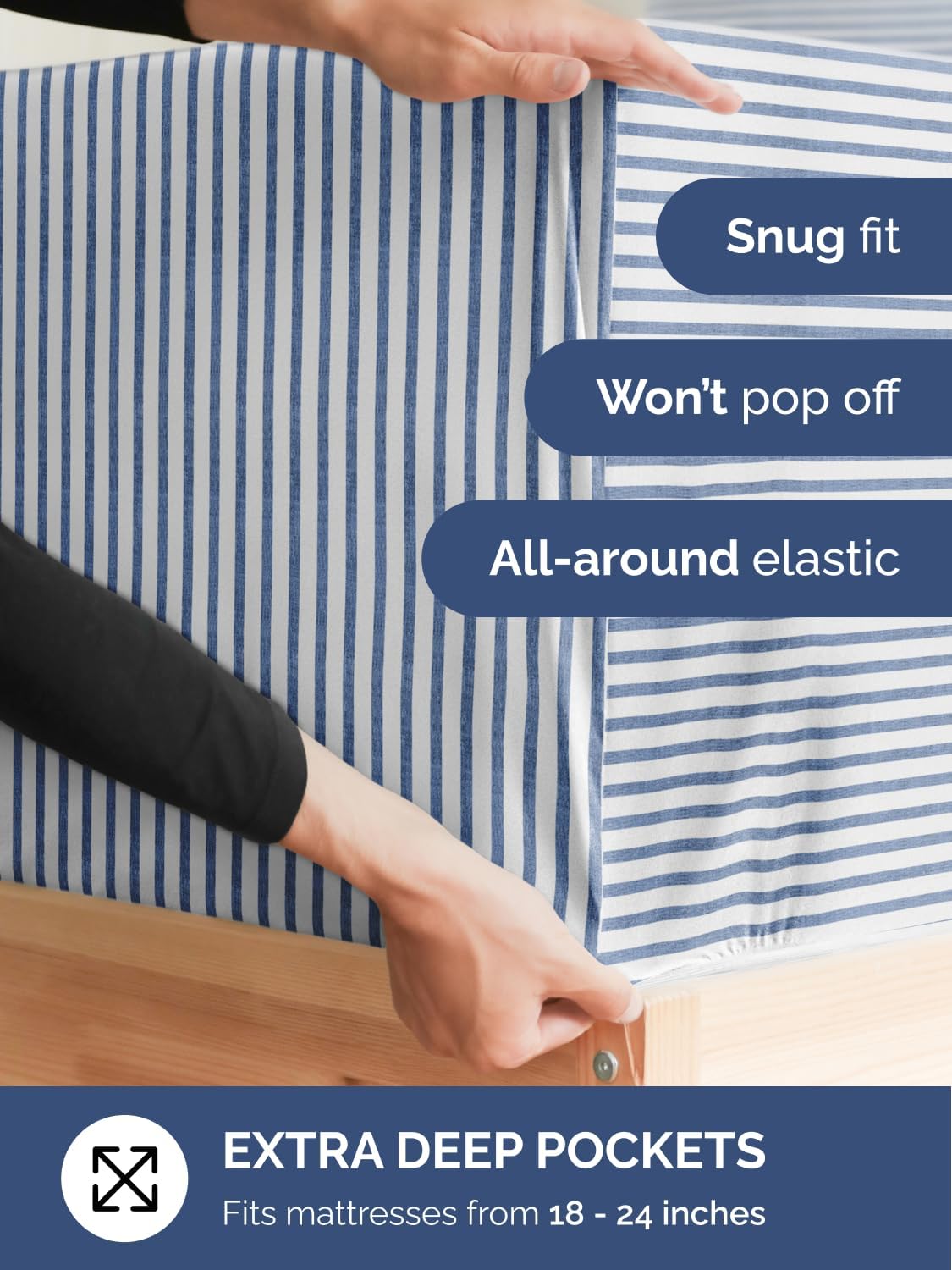 Extra Deep Queen Sheet Set - 6 Piece Breathable and Cooling Sheets - Hotel Luxury Bedding for Women, Men, Kids & Teens - Easy Secure Fit - Soft and Wrinkle Free with Extra Deep Pockets - Blue Stripes - Image 3