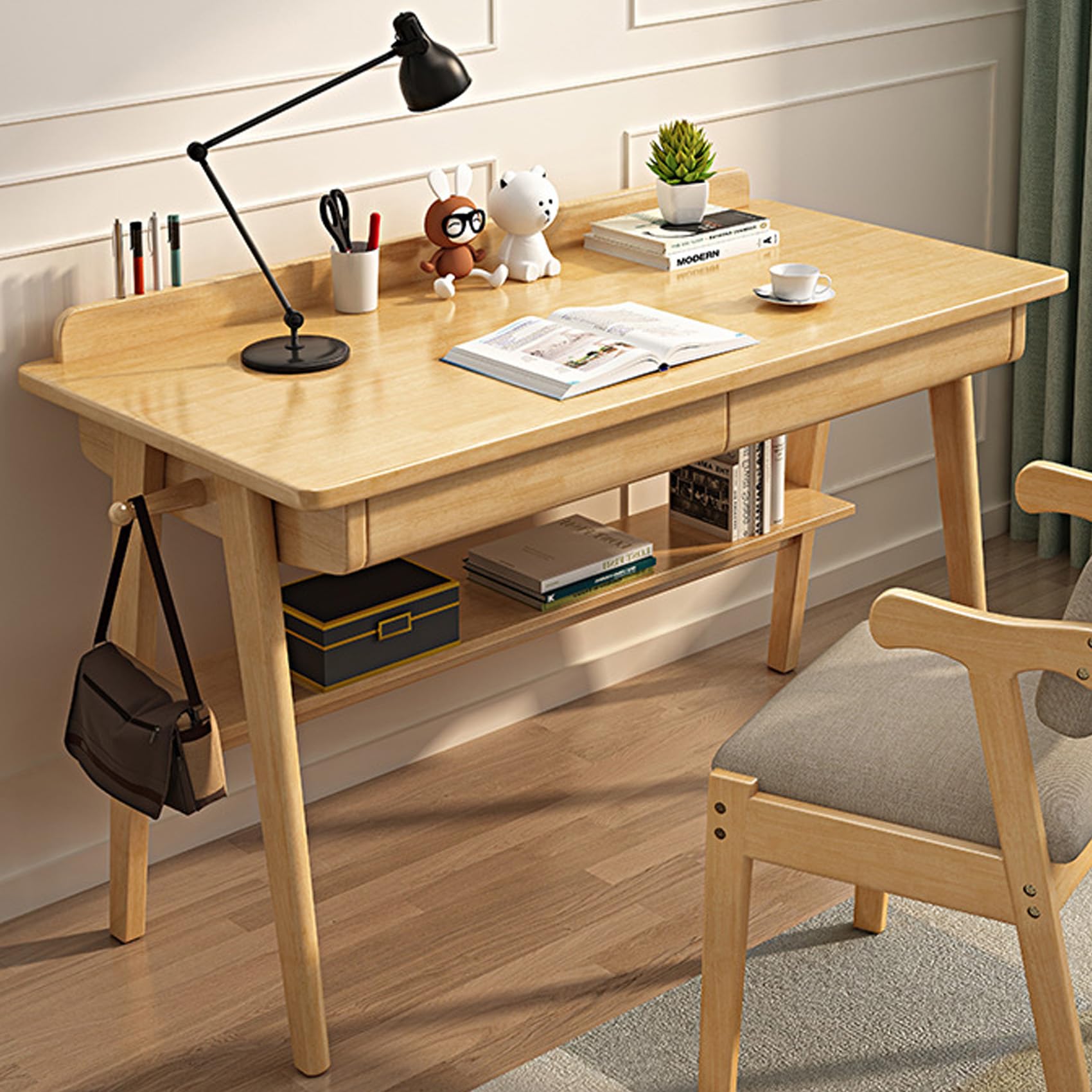 Solid Wood Writing Desk with Drawers, mid-Century Modern Desk, Home Office Computer Desk with 2 Drawers and Storage Shelf, Home Office Desk with Hooks for Small Spaces (Wood, 47.2 * 23.6 * 29.5in)