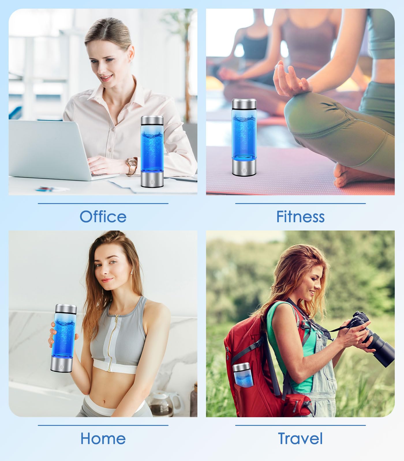 Roylvan Botella de Agua Hidrogenada, Botella con Filtrado de Agua Vidrio sin BPA, 450ml Generador Portátil de Agua de Hidrógeno Rica para Deporte, Hogar, Oficina, Viajes y Bebida Diaria, Plata