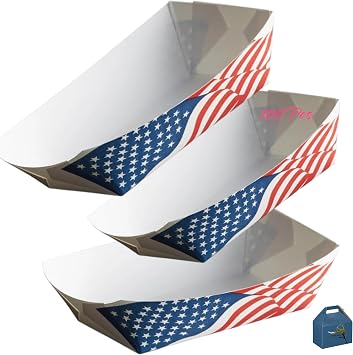 Paper Hot Dog Food Trays - Heavy Duty, Grease Resistant, Disposable, Recyclable, Biodegradable, Made in USA 2 Lb. American Flag, 50, Count