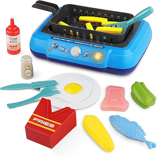 Juguete de cocina para niños, 20 piezas que cambian de color, juego de cocina con luz y sonido, juego de comida para niños de 2 a 8 años (azul)