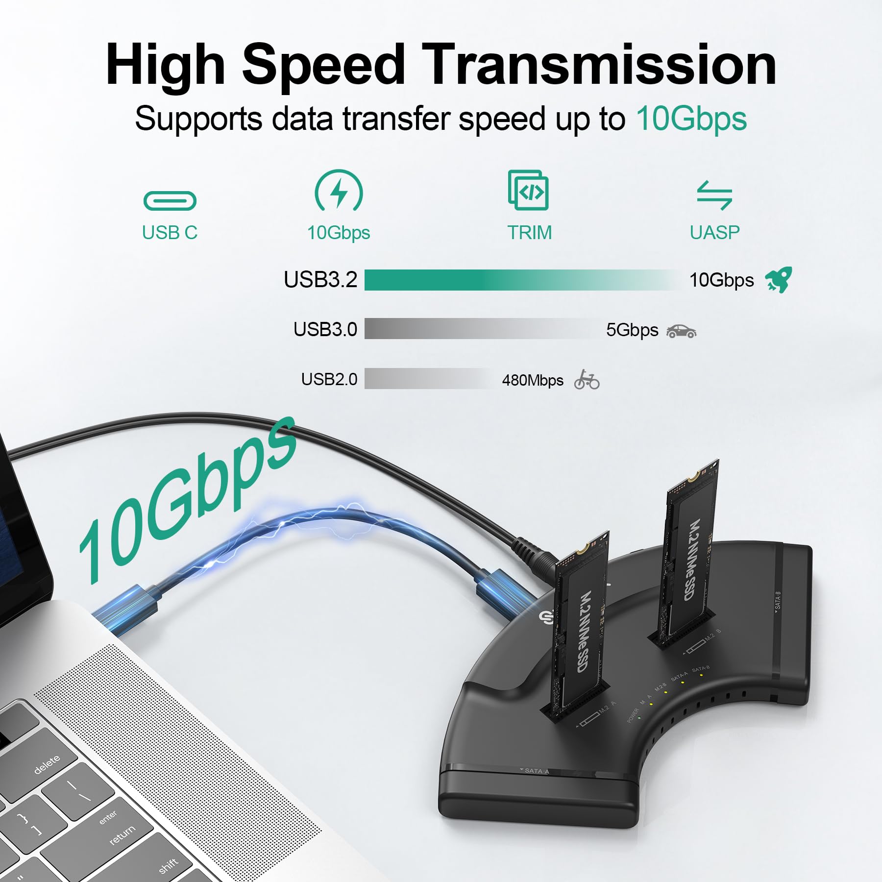 Adapter 2*M.2 PCIe + 2*SATA, czytnik typu C do M2 10 Gbps, zewnętrzna obudowa SSD NVMe USB Plug and Play, kompatybilna z M.2 (klucze M i M+B) wszystkich rozmiarów oraz SATA 2,5„/3,5”