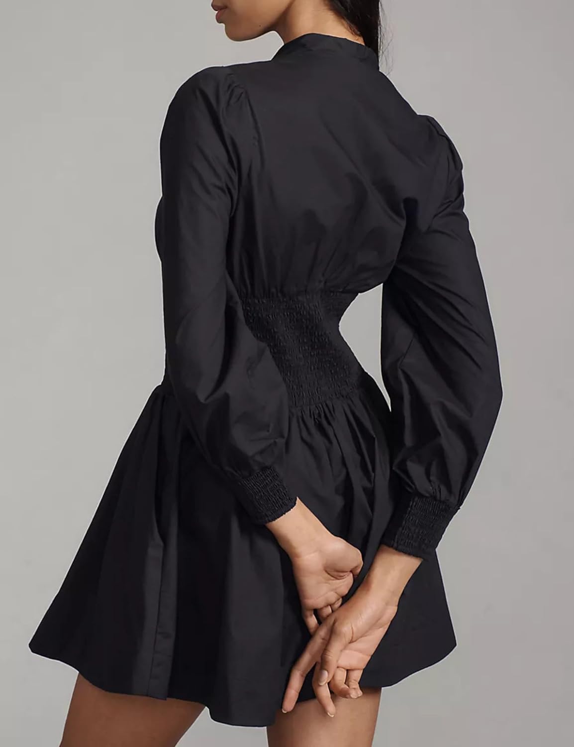 Womens Long Sleeve Mini Dress V Neck Smocked Zipper Dress Casual A Line Short Dress with Pockets - Image 3