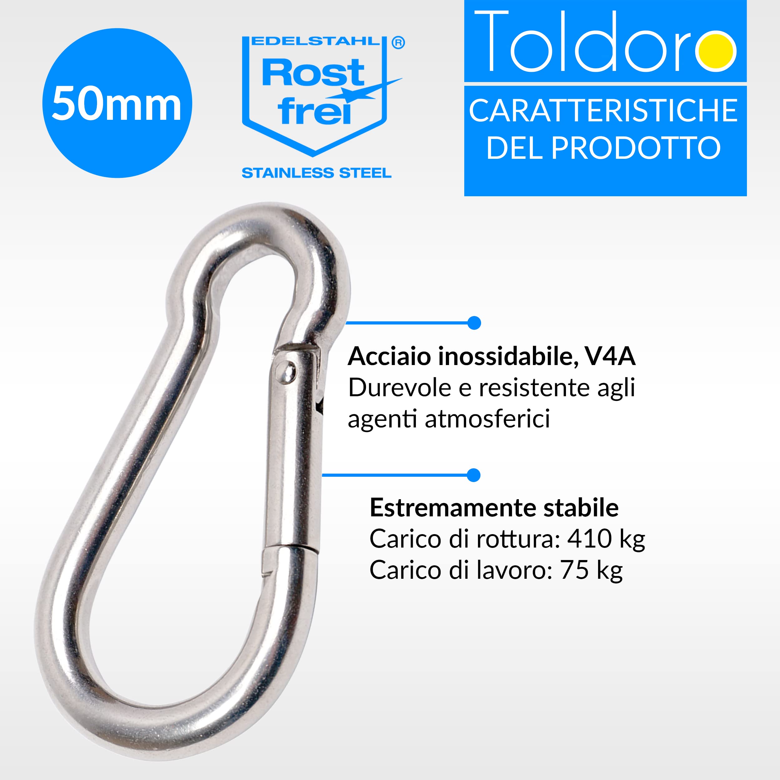 10 Moschettoni Acciaio Inox 5x50mm - Set Multiuso Per Altalene E Campeggio