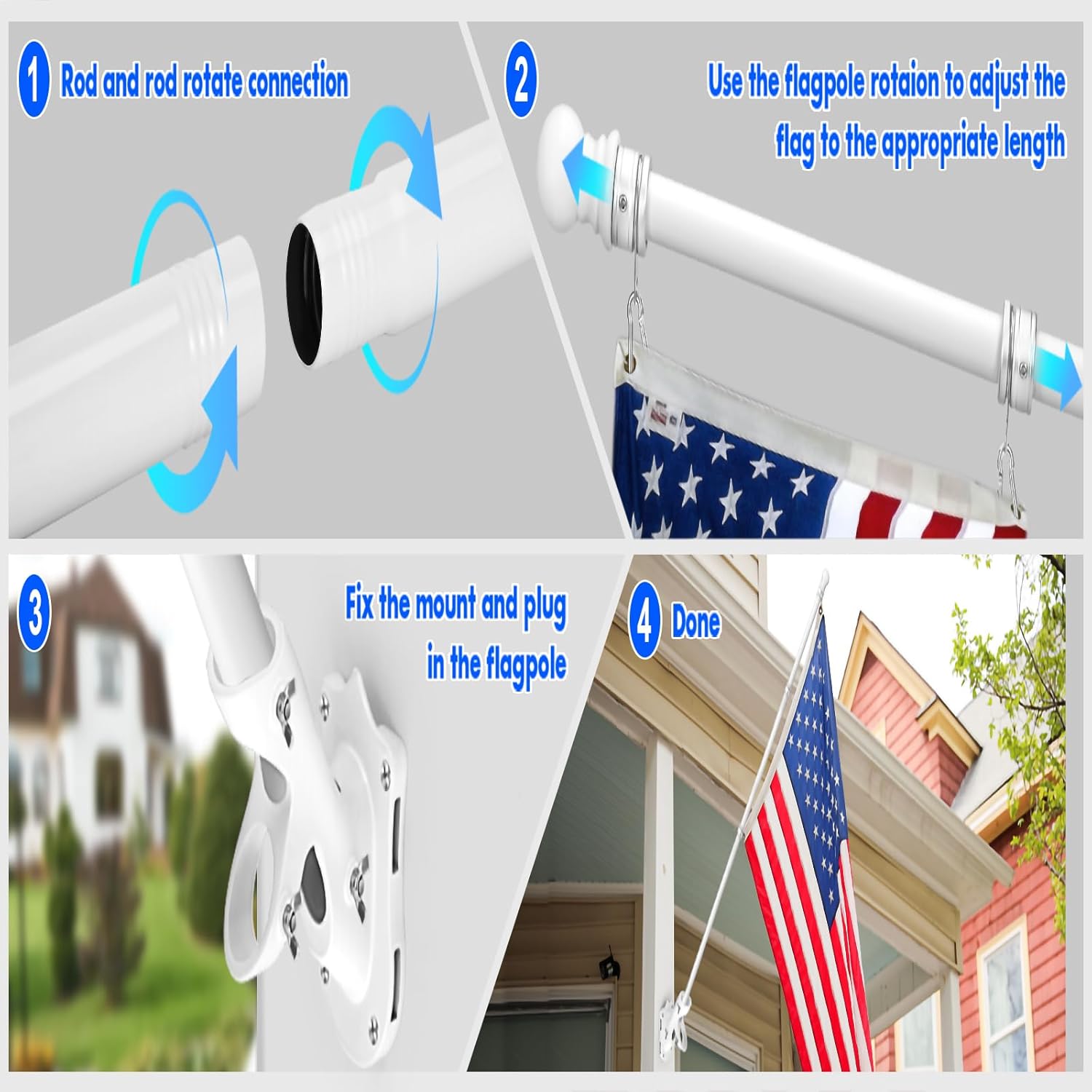 Anovo Flag Pole Kit- Upgraded Holder, Stainless Steel 6 FT Flag Poles with1 Inch Metal 360° Rotating Flag Pole Rings Two-Position Flag Pole Bracket Mounting for Outside House Porch(6 FT - White)