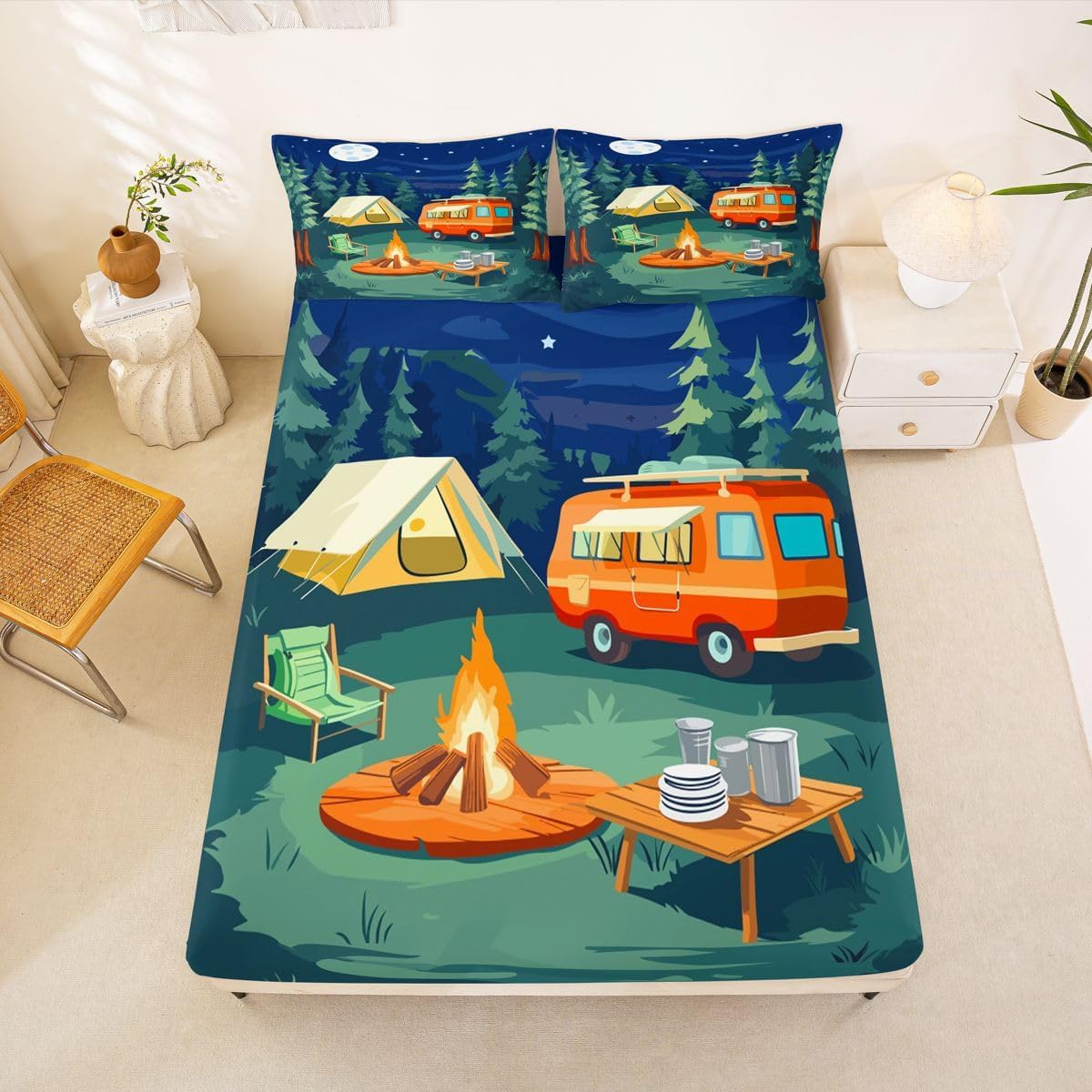 Erosebridal Rv Fitted Sheet Twin Size Camping Bed Sheets Tent Board Woodland Pine Tree Bedding Set for Kids Boys Girls Camp Retro Cartoon Sheets