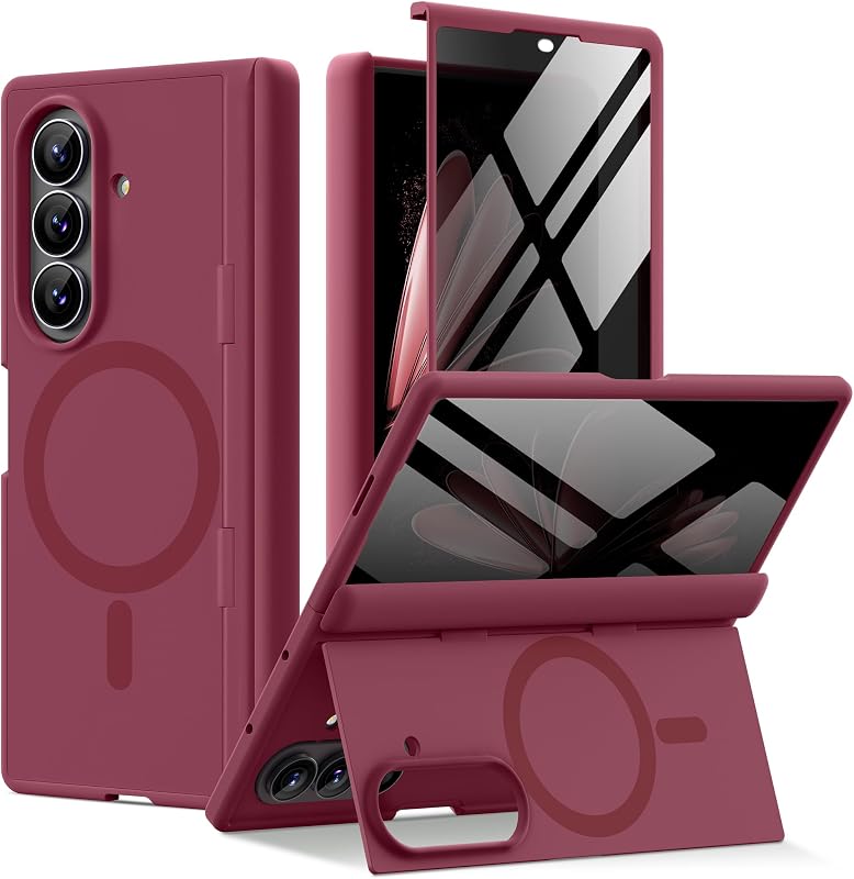 Funda magnética para Samsung Galaxy Z Fold 7 con protector de pantalla de privacidad | [Silicona líquida] [Soporte incorporado y protección de bisagra de cuerpo completo] [Compatible con Magsafe] Funda para teléfono para Z Fold7, rojo burdeos