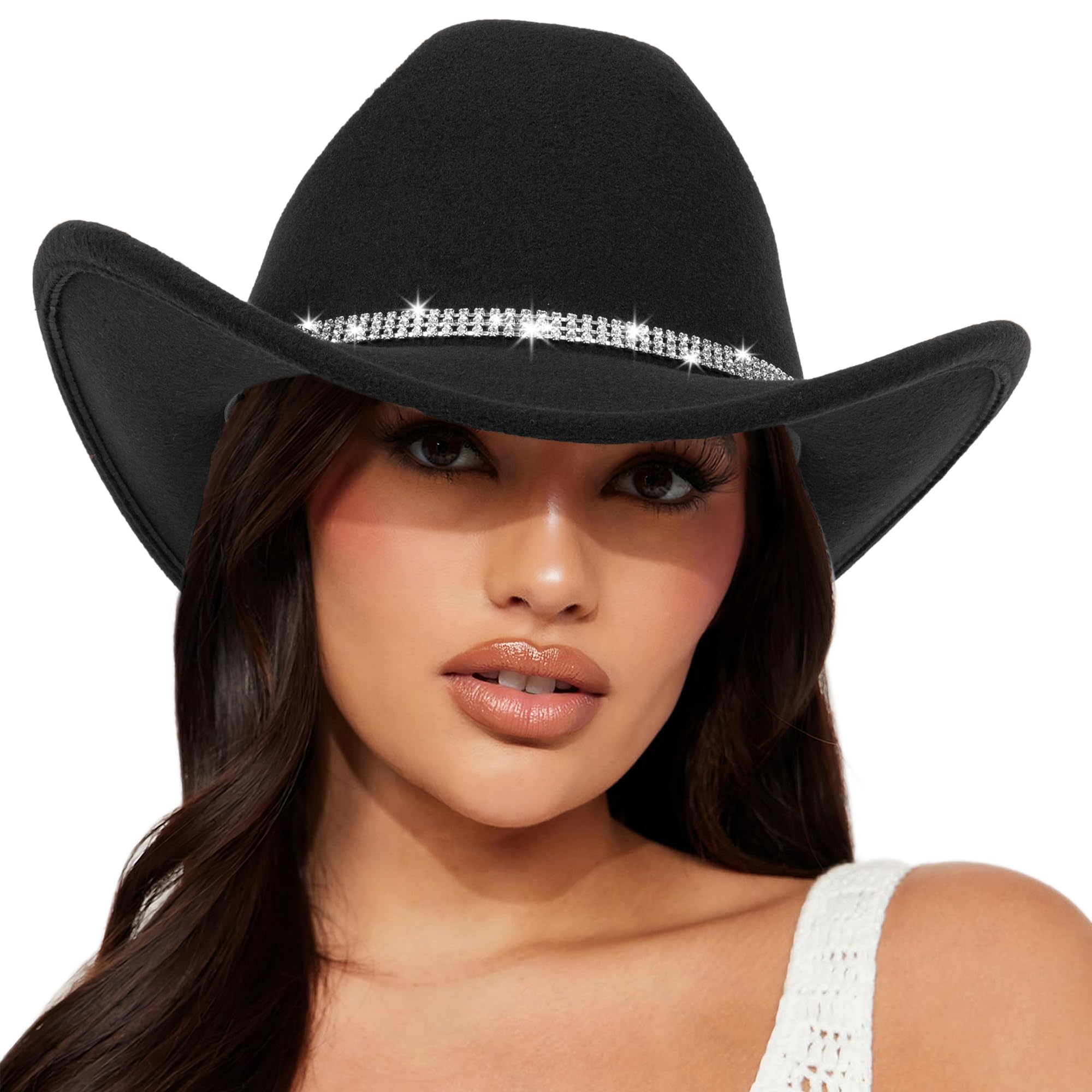 Sombrero clásico de Fieltro Occidental de Vaquero para Mujeres y Hombres, Sombrero de Jazz con Banda (Lagre), Negro (Black with Rhinestone), Large