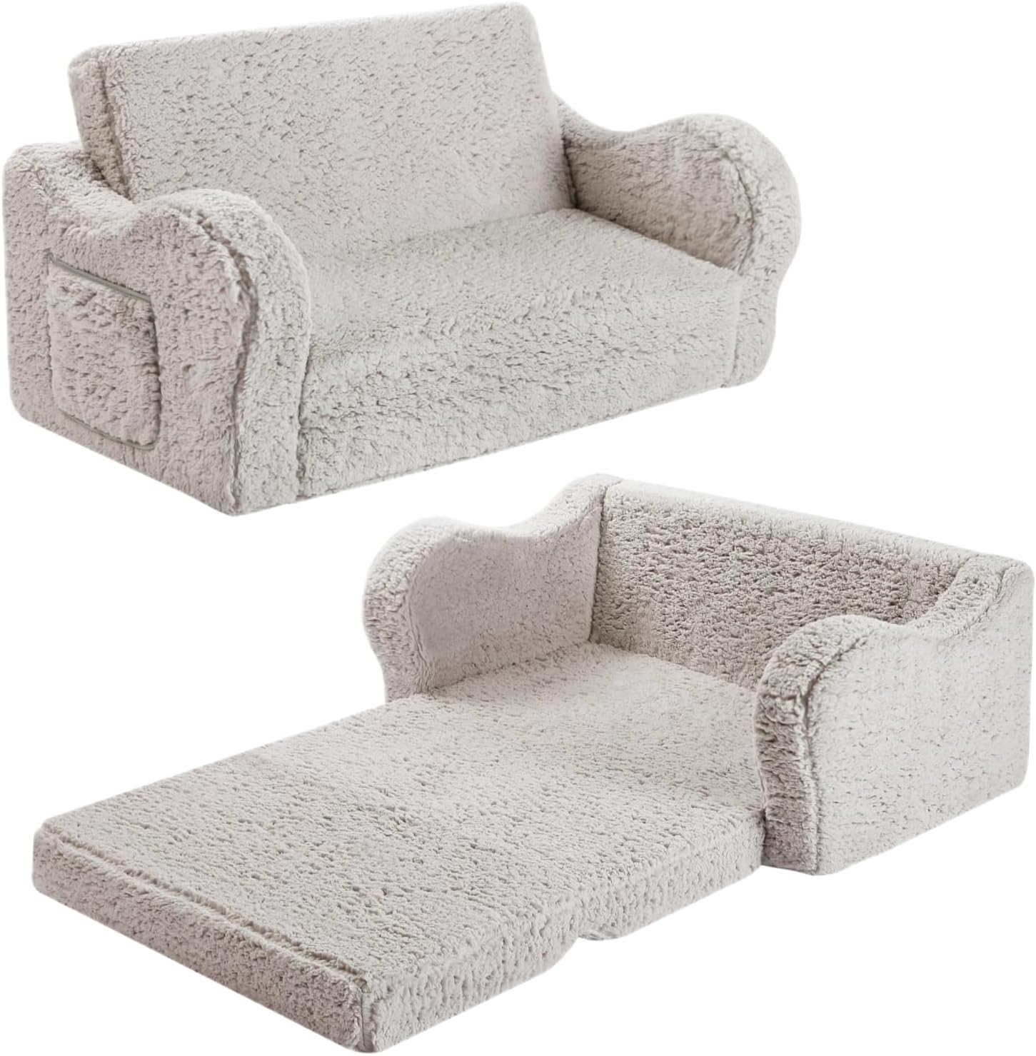 MOMCAYWEXKids Extra Wide Chairs for Toddler, 2-in-1 Toddler Soft Sherpa Couch Fold Out, Convertible Sofa to Lounger for Girls and Boys, Grey