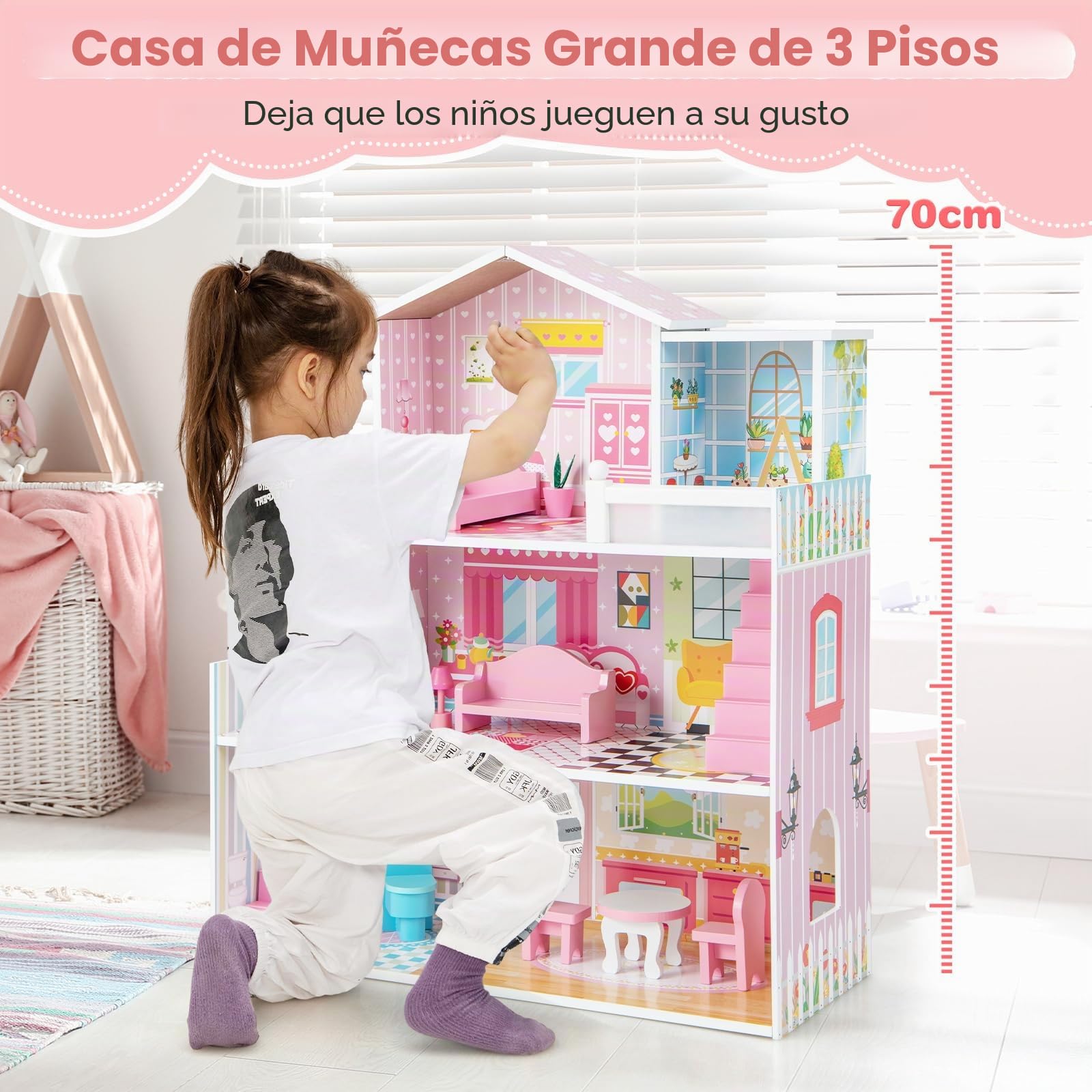 RELAX4LIFE Casa de muñecas de madera con 3 pisos, 5 habitaciones y muebles, accesorios y 2 escaleras y bonitos fondos, juguete para niños 3 años +