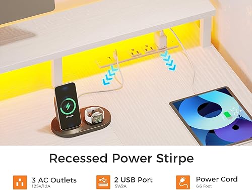 Miniatura 8 de ODK Escritorio en forma de L con cajón de archivos, escritorio reversible en forma de L de 75 pulgadas con toma de corriente y tira LED, escritorio