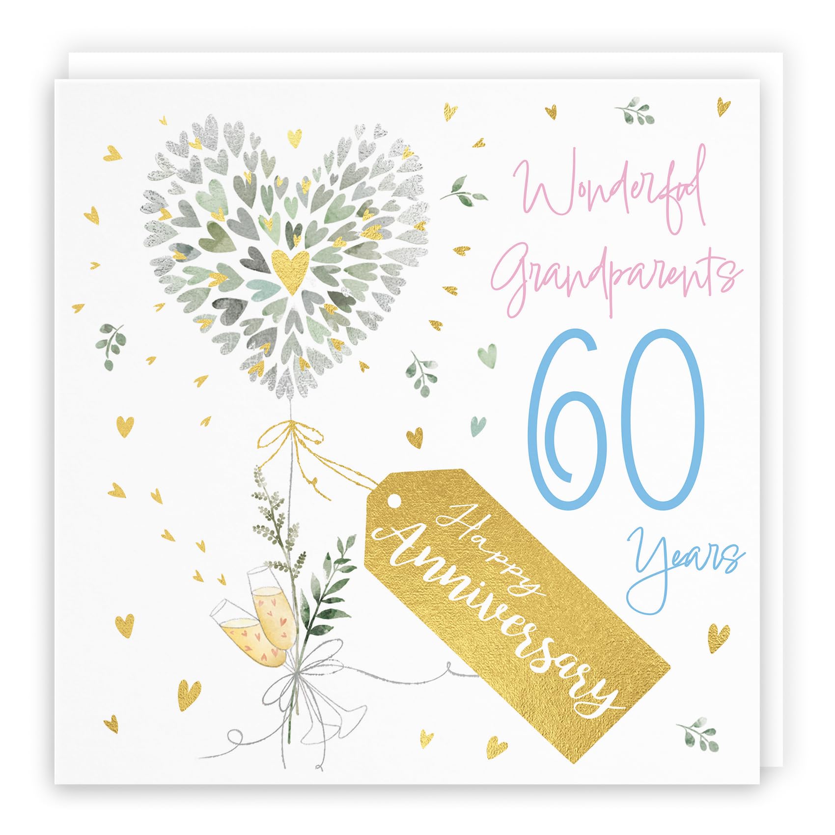Hunts England, Grandparents 60th Anniversary Card, 60 Years, Contemporary Hearts, Gold Foil